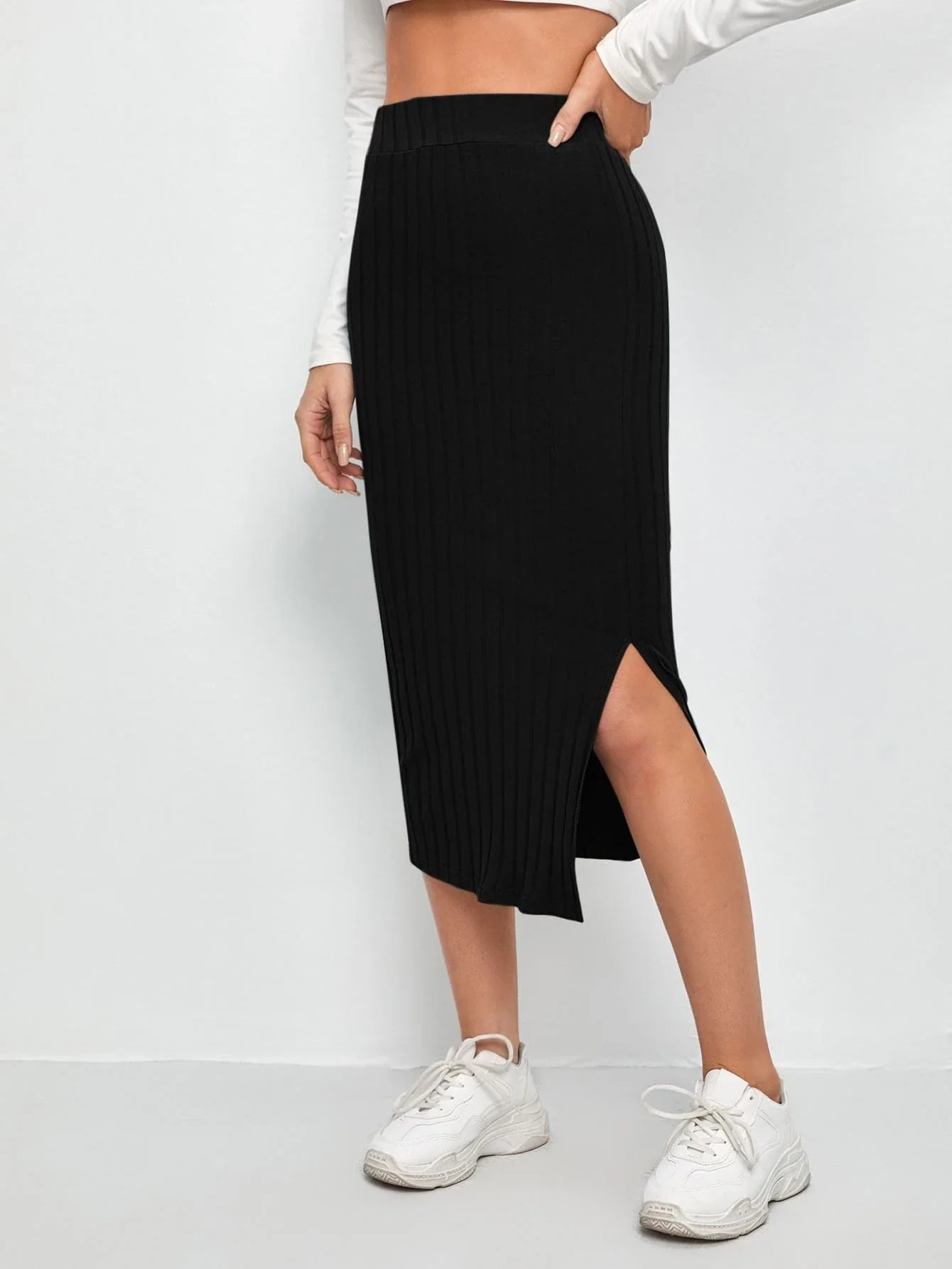  | SHEIN Slit Hem Rib-knit Pencil Skirt | Skirt | Shein 