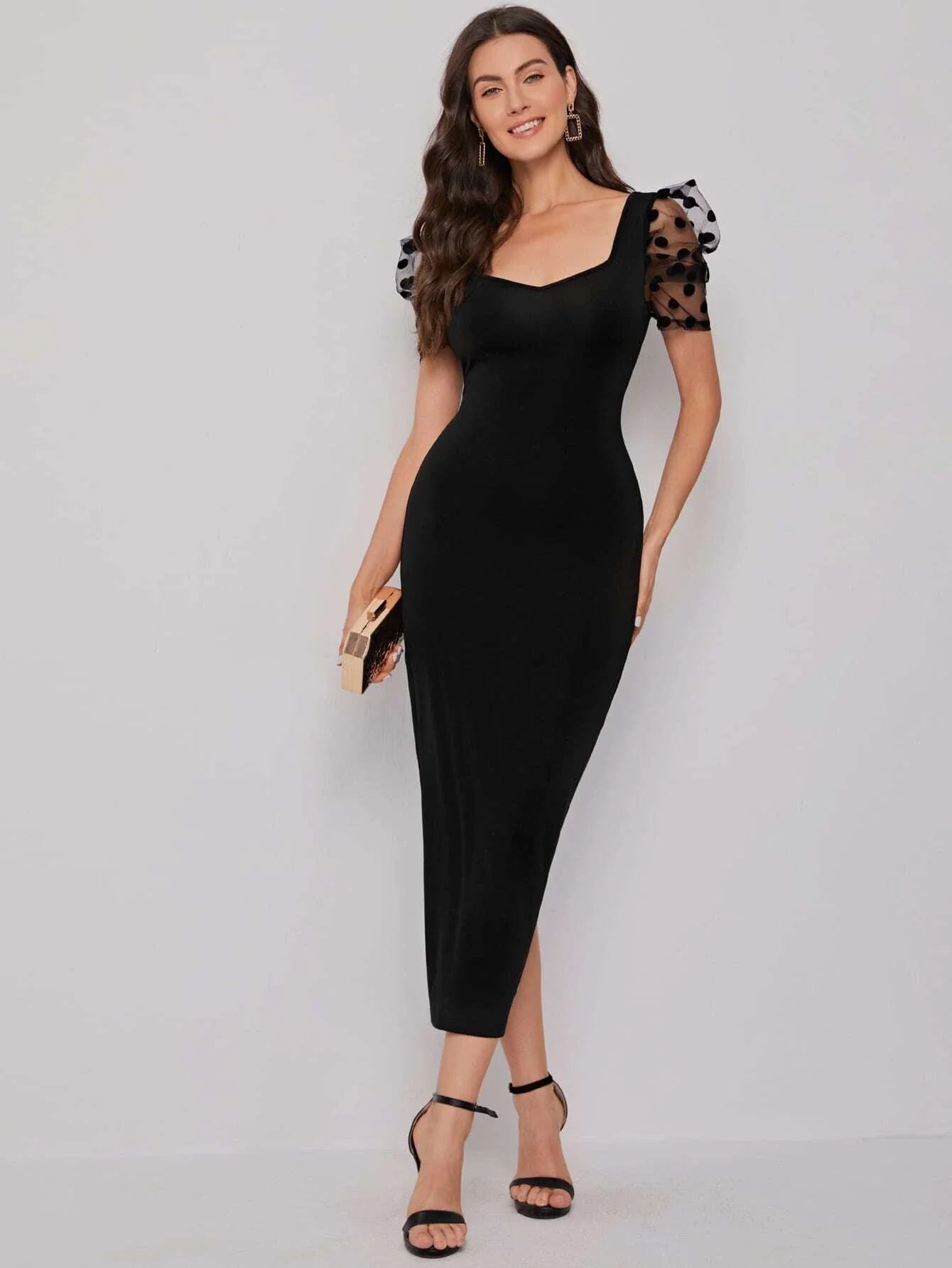 SHEIN Sweetheart Neck Mesh Puff Sleeve Dress