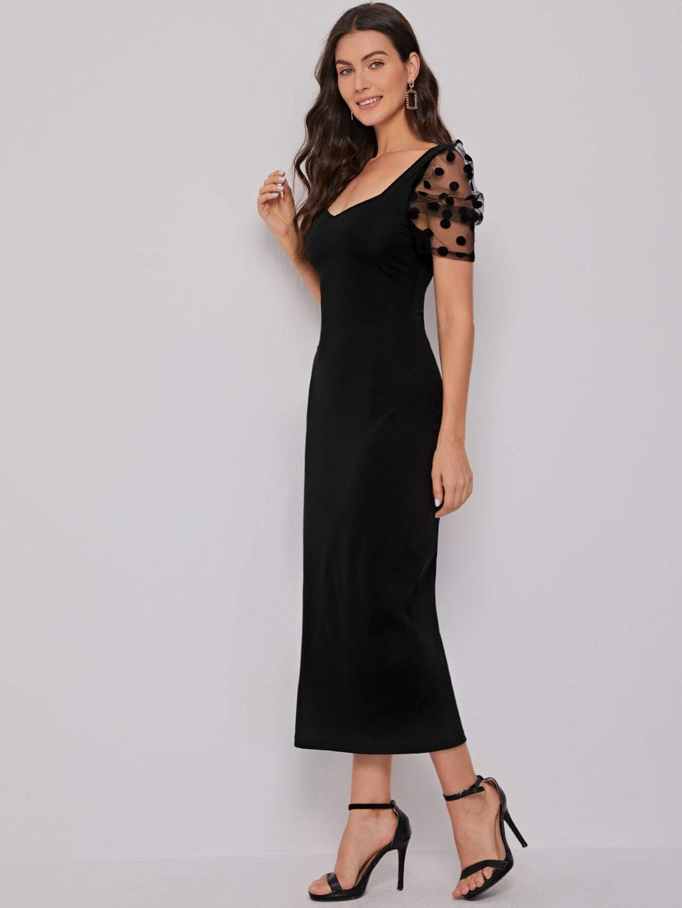 SHEIN Sweetheart Neck Mesh Puff Sleeve Dress