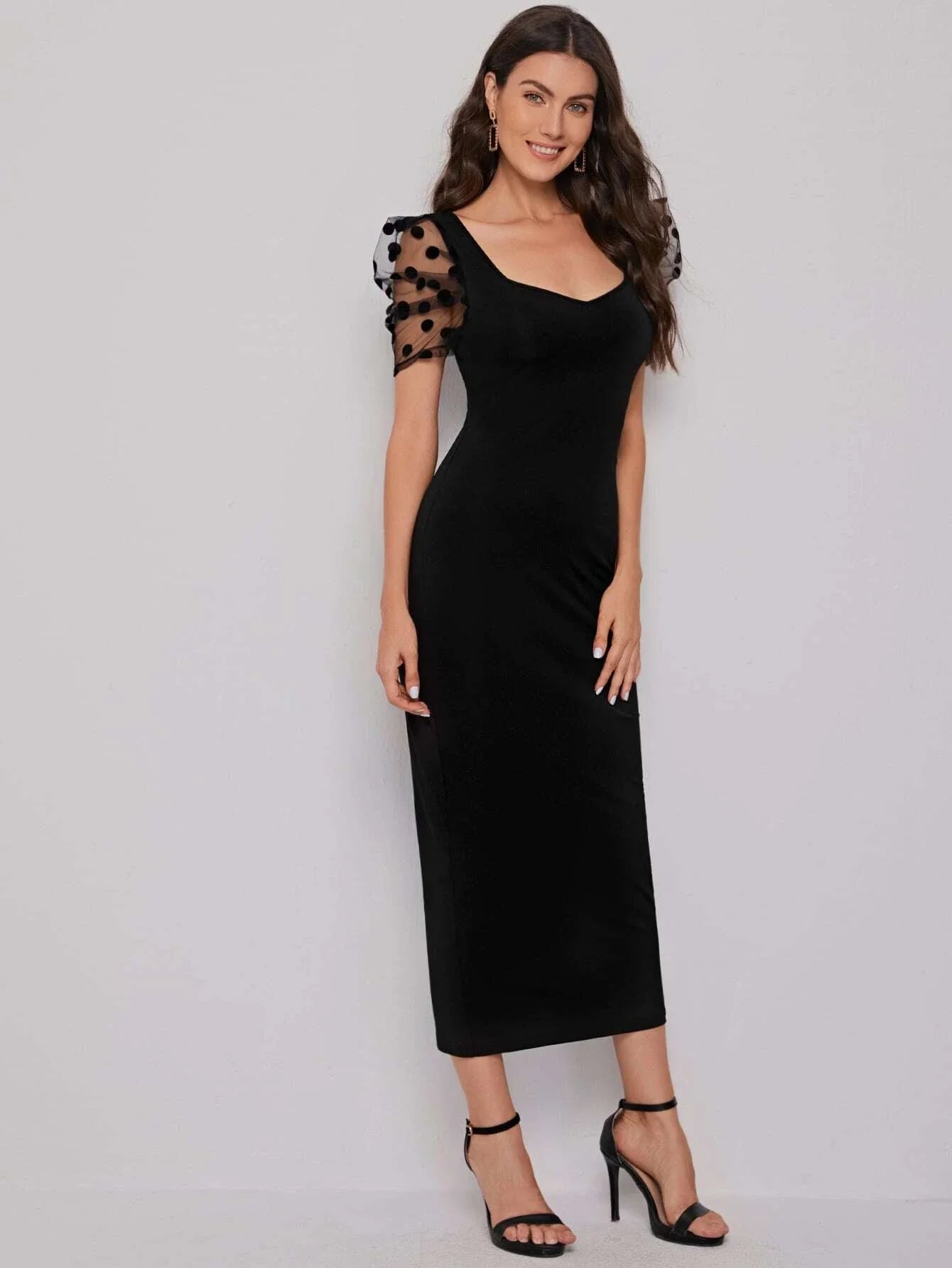 SHEIN Sweetheart Neck Mesh Puff Sleeve Dress