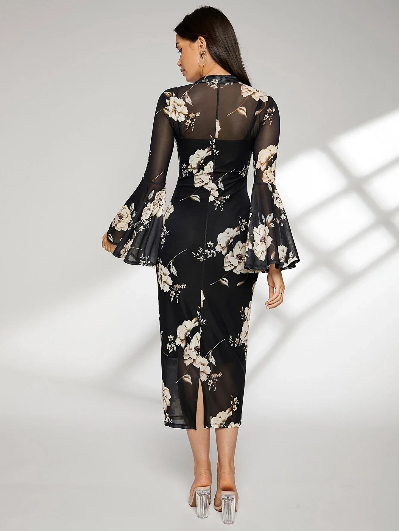 SHEIN Floral Print Bell Sleeve Split Back Dress