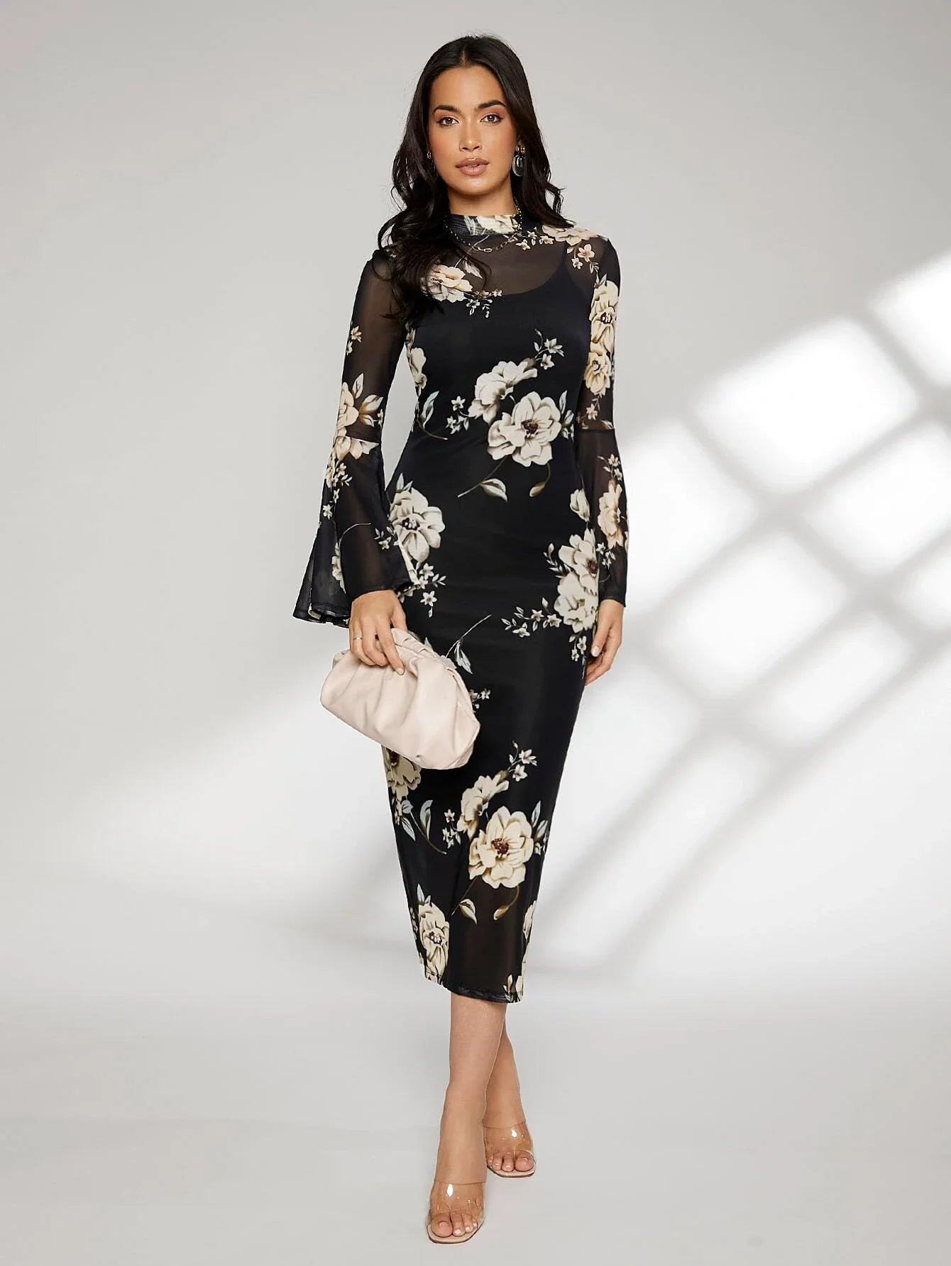 SHEIN Floral Print Bell Sleeve Split Back Dress