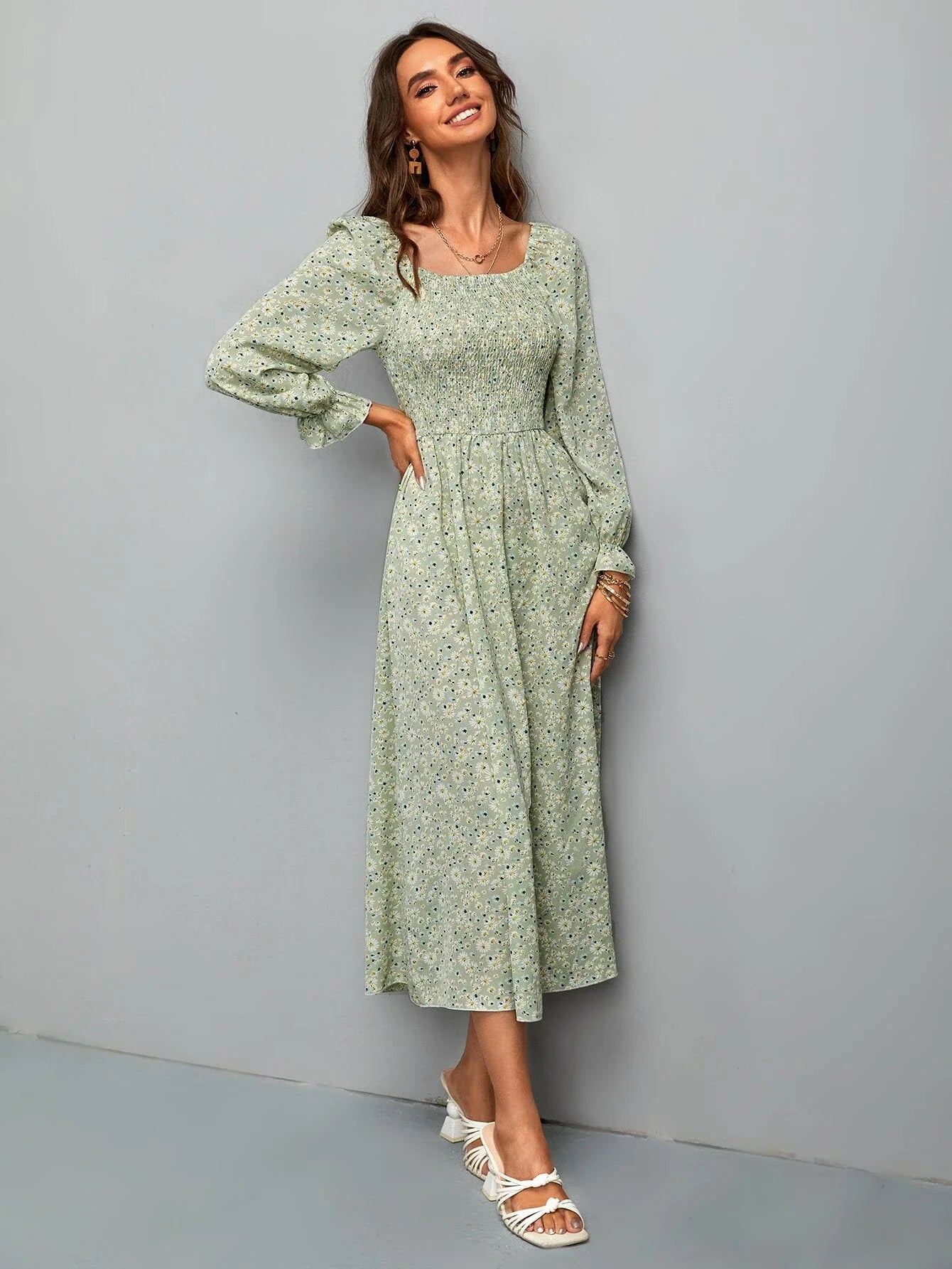 SHEIN VCAY Ditsy Floral Shirred Flounce Sleeve A-line Dress