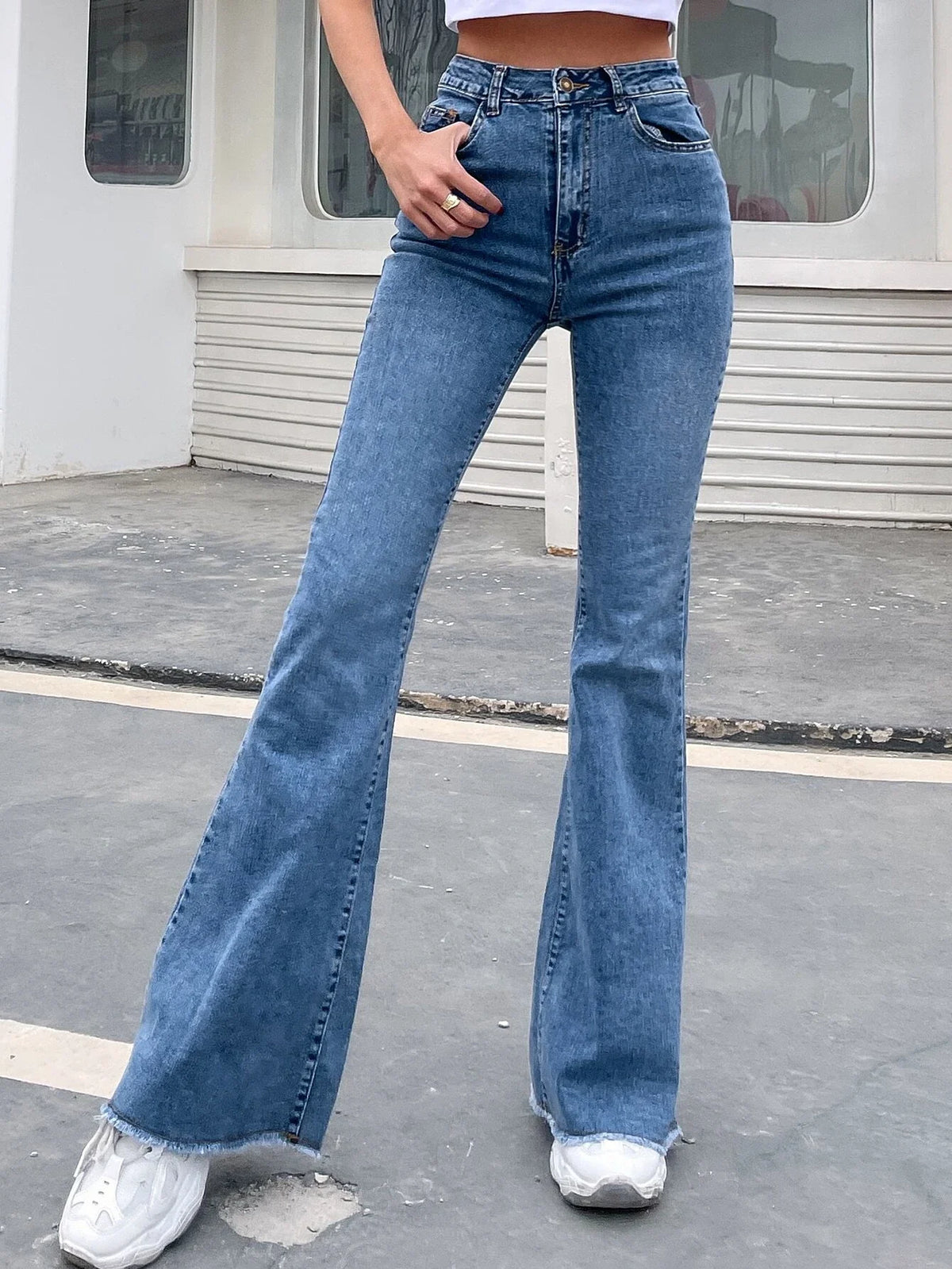 SHEIN High-rise Raw Hem Flare Jeans