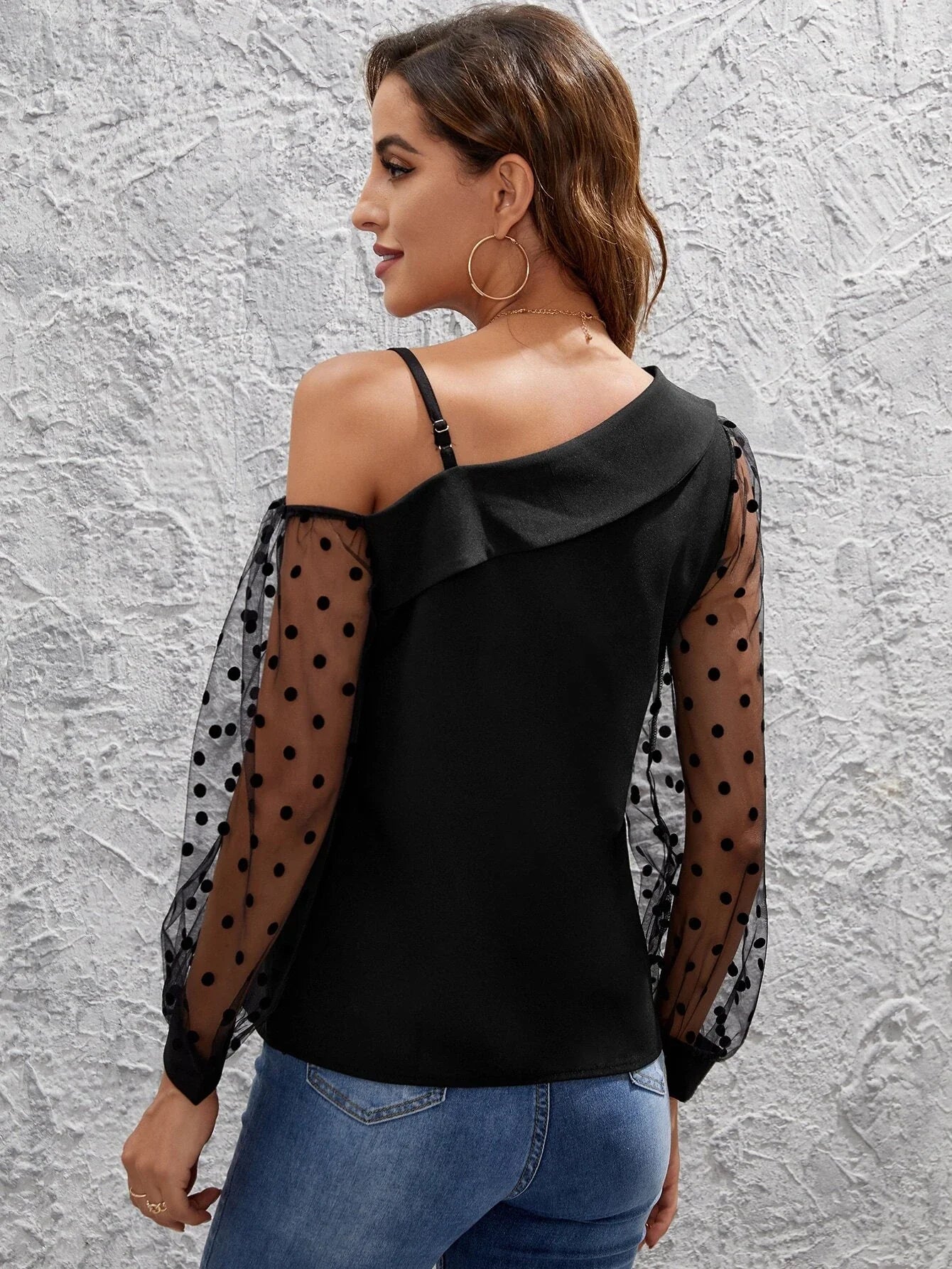 Shein Contrast Dobby Mesh Sleeve Asymmetrical Neck Blouse