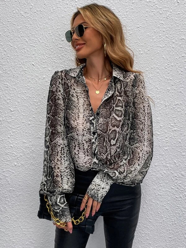 Shein Snakeskin Print Bishop Sleeve Blouse