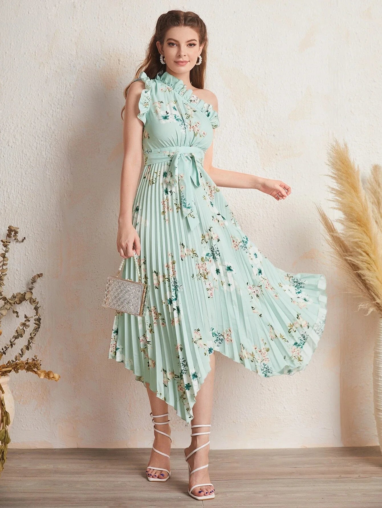 SHEIN Ruffle Trim One Shoulder Pleated Hanky Hem Belted Floral Dress