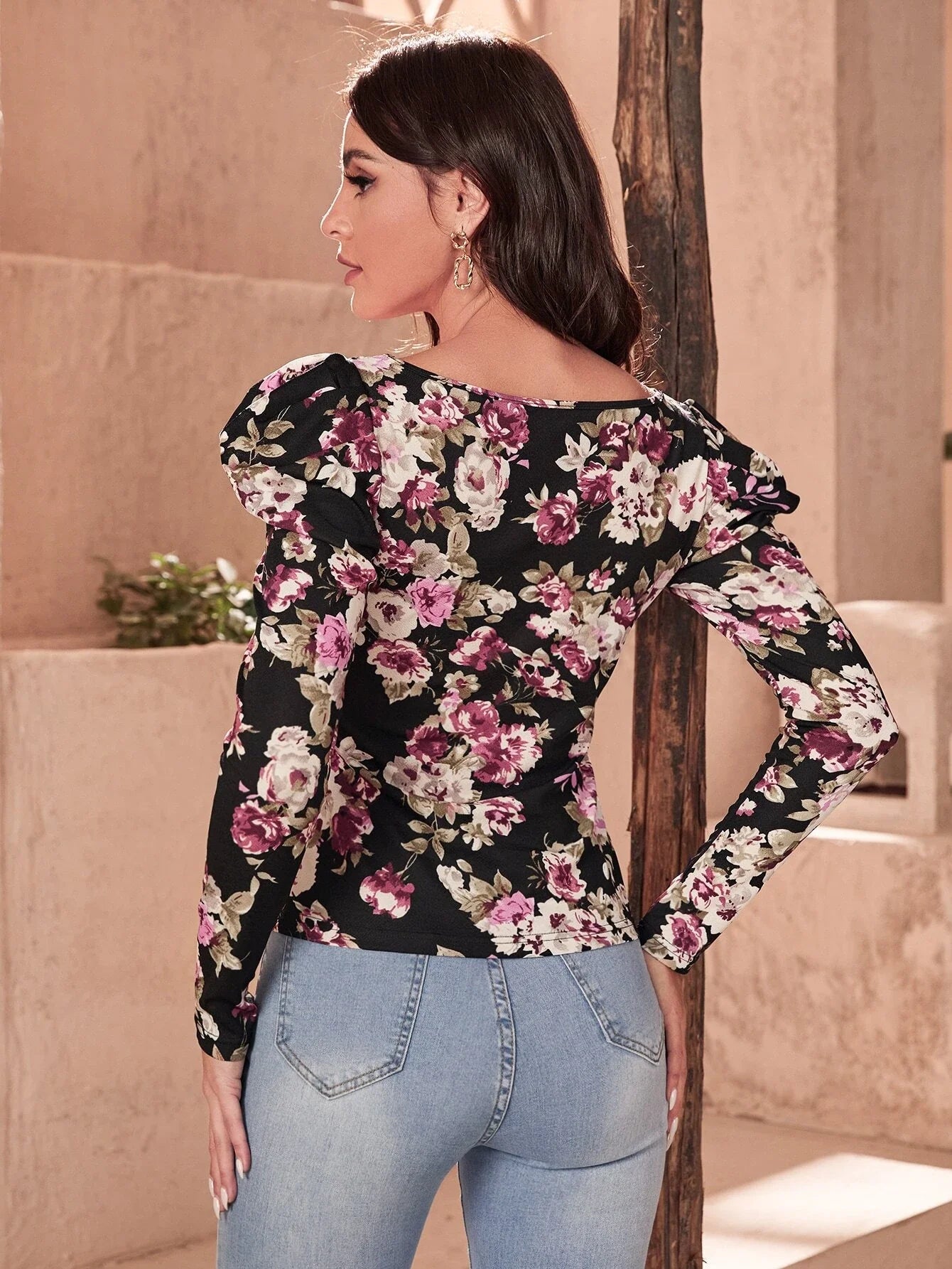 SHEIN Floral Print Gigot Sleeve Tee