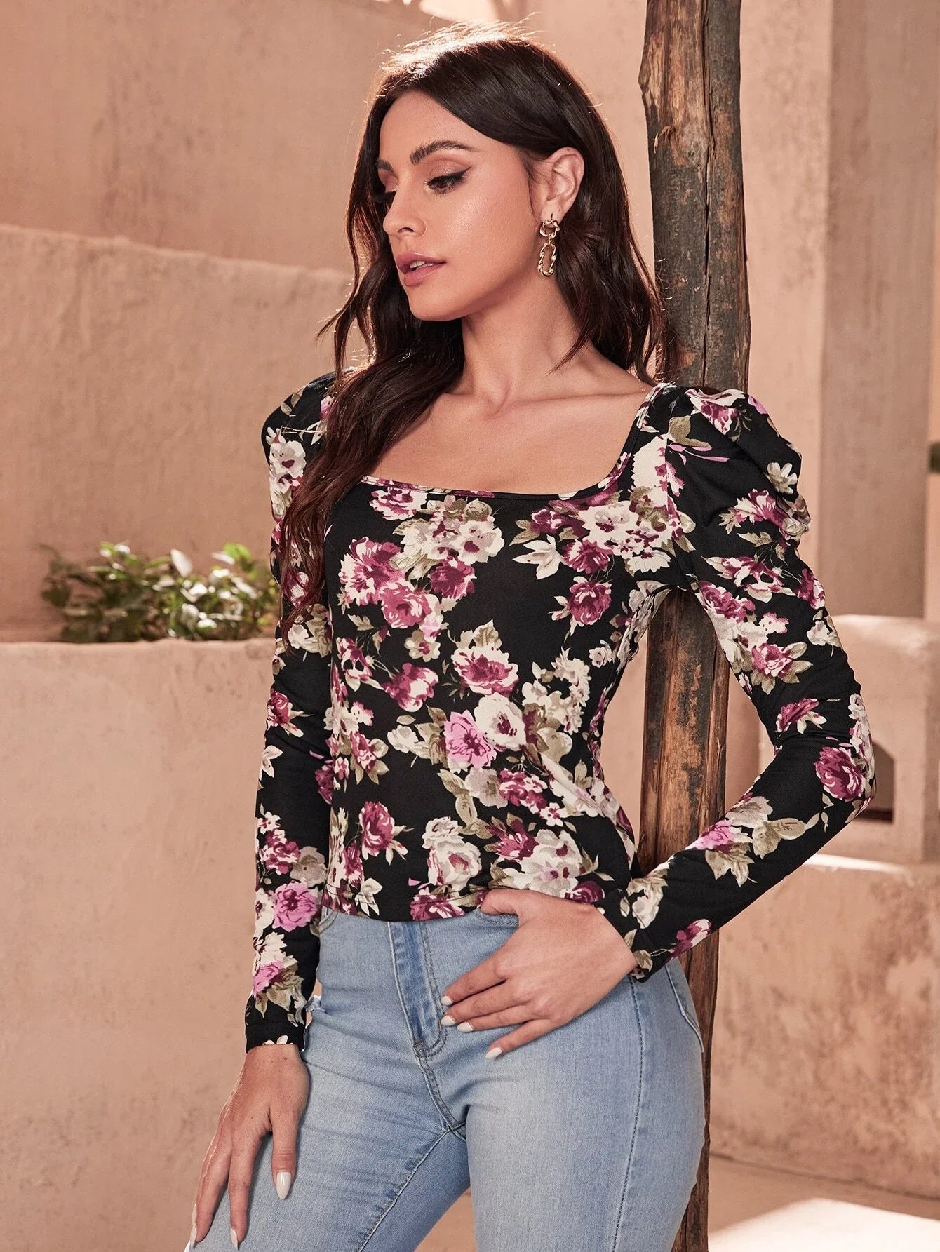 SHEIN Floral Print Gigot Sleeve Tee