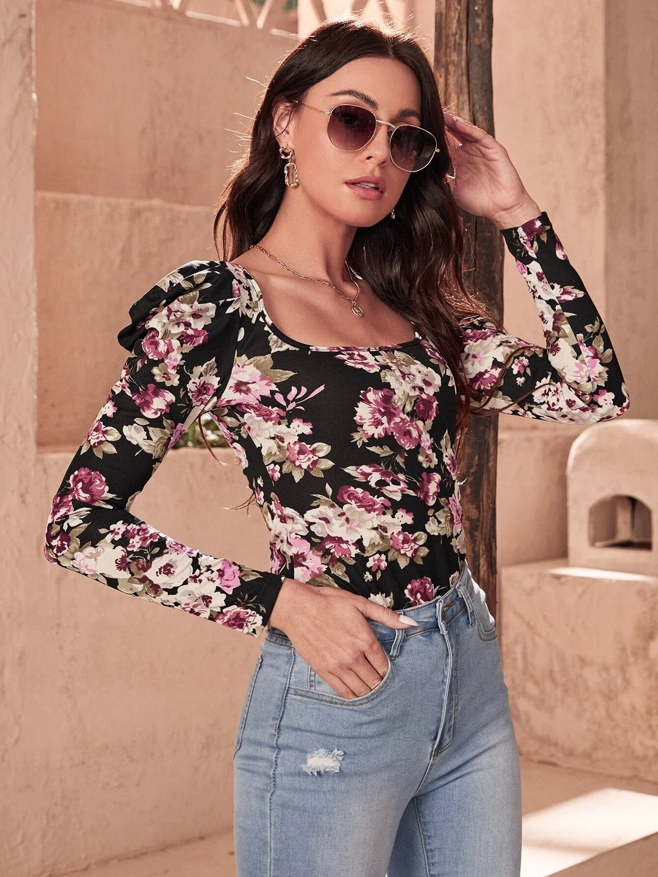 SHEIN Floral Print Gigot Sleeve Tee