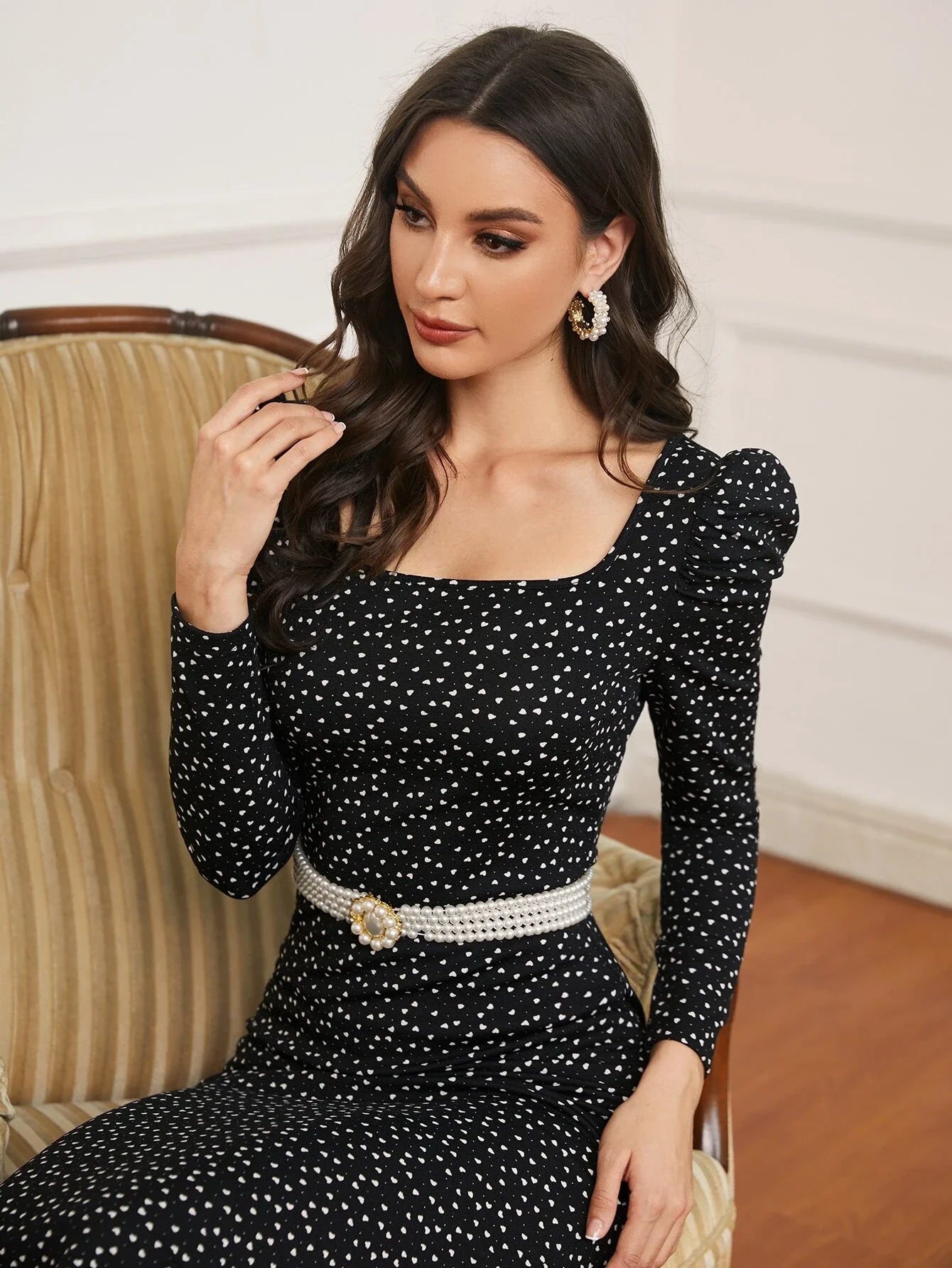 SHEIN Confetti Heart Print Gigot Sleeve Dress Without Belt