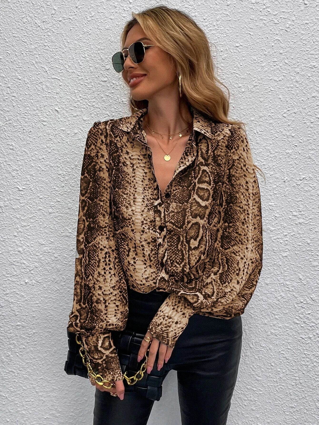 SHEIN Snakeskin Print Bishop Sleeve Blouse