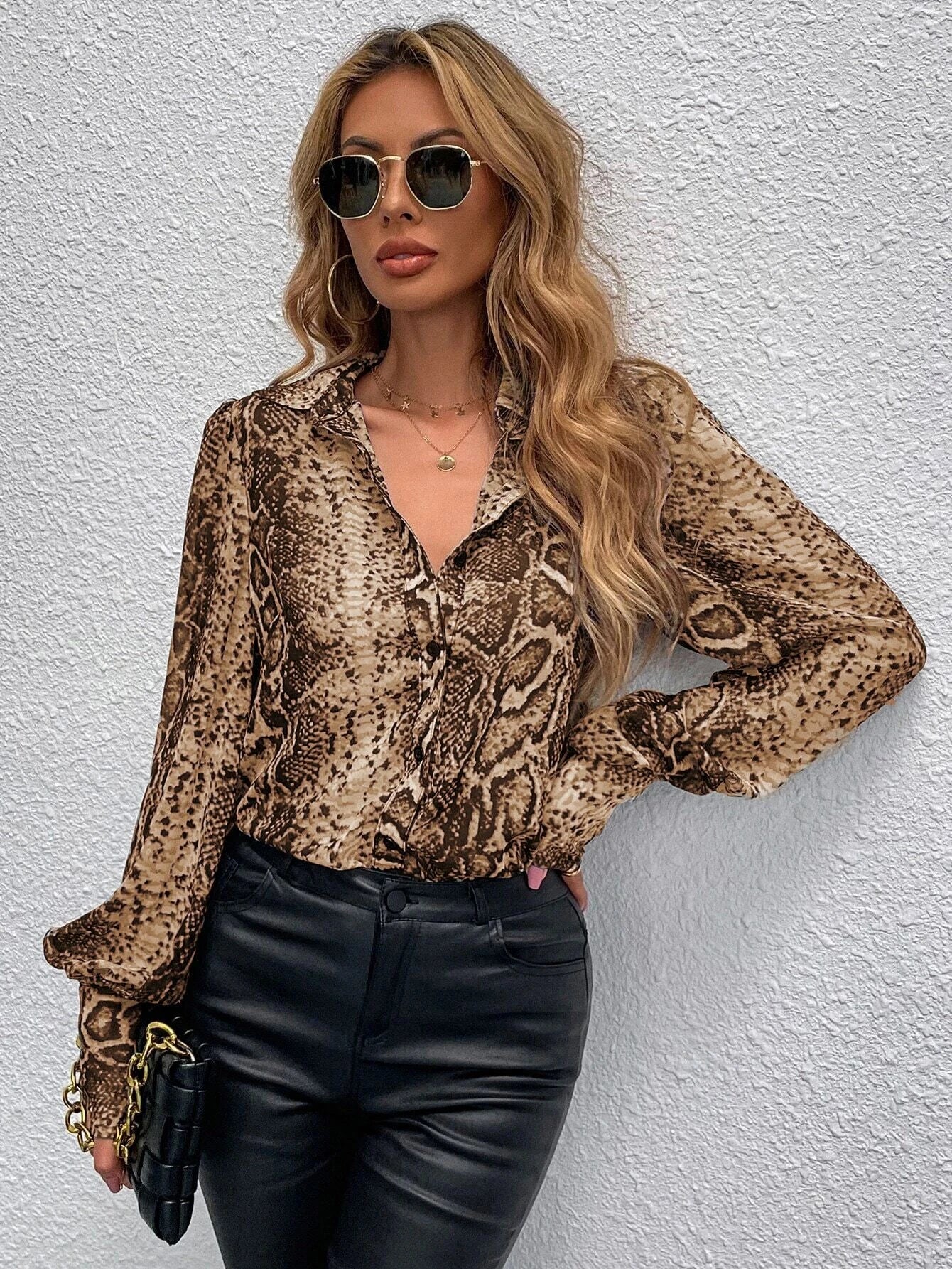 SHEIN Snakeskin Print Bishop Sleeve Blouse