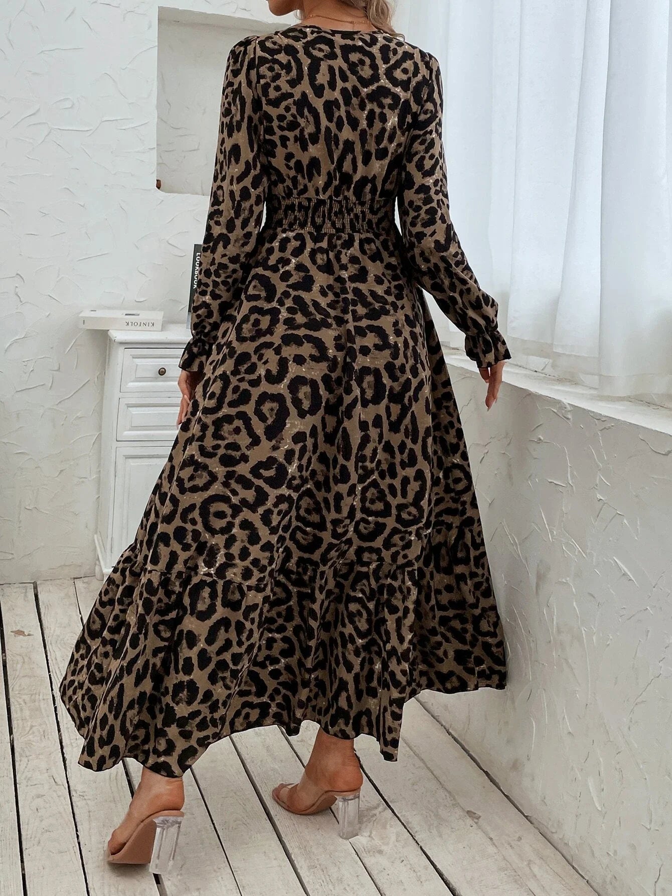 SHEIN Leopard Print Flounce Sleeve Shirred Dress