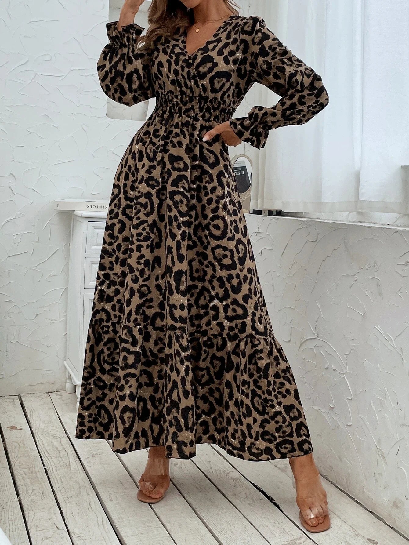 SHEIN Leopard Print Flounce Sleeve Shirred Dress