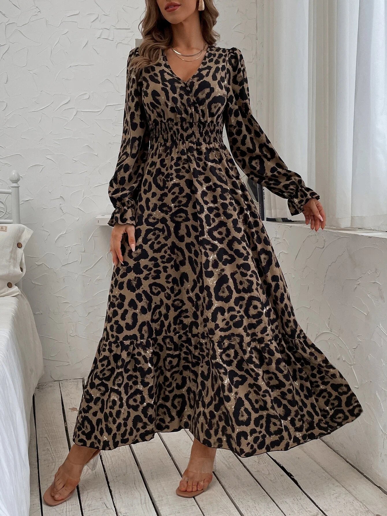 SHEIN Leopard Print Flounce Sleeve Shirred Dress