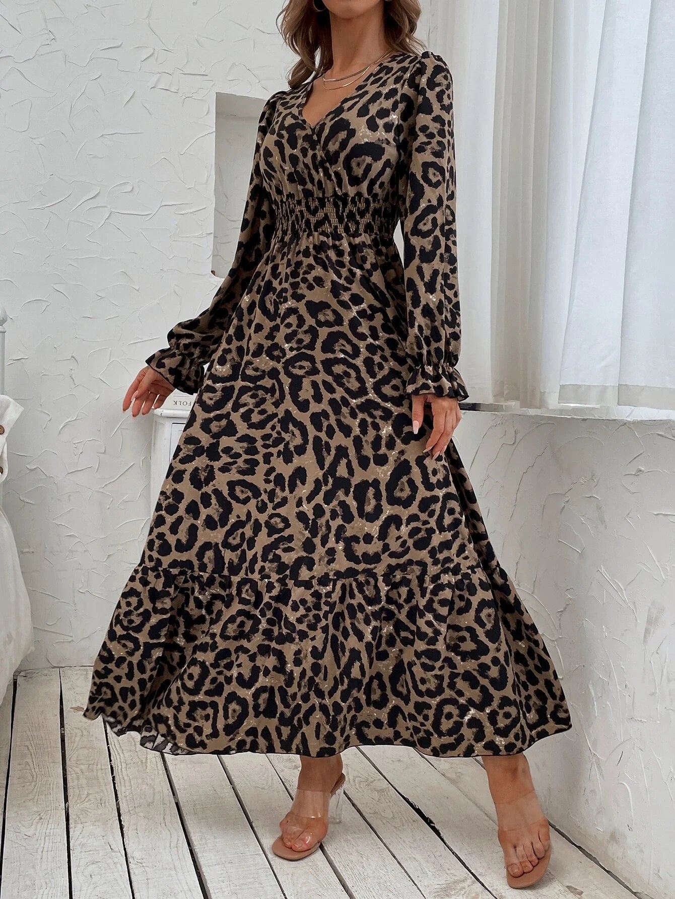 SHEIN Leopard Print Flounce Sleeve Shirred Dress