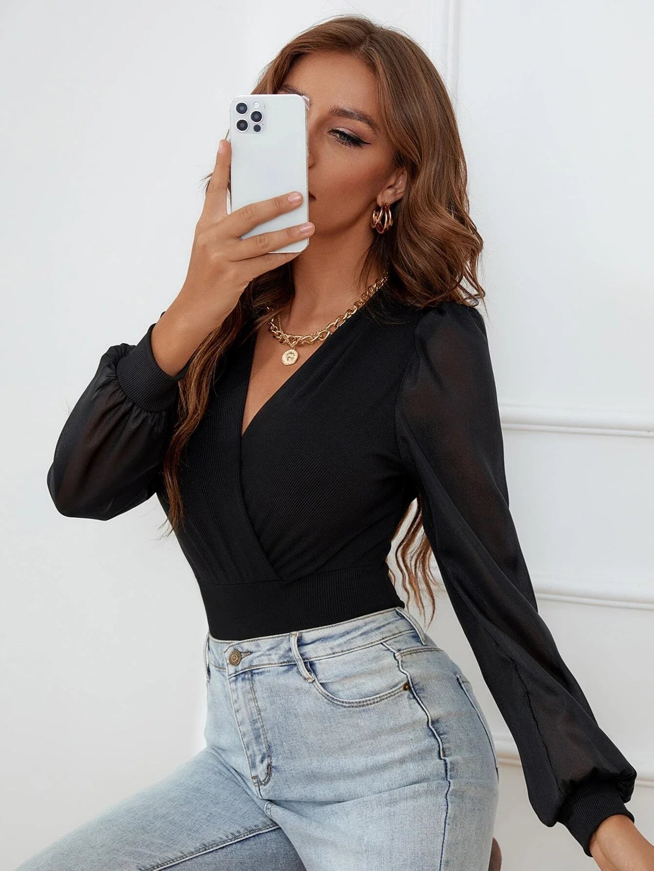 SHEIN Contrast Mesh Puff Sleeve Bodysuit