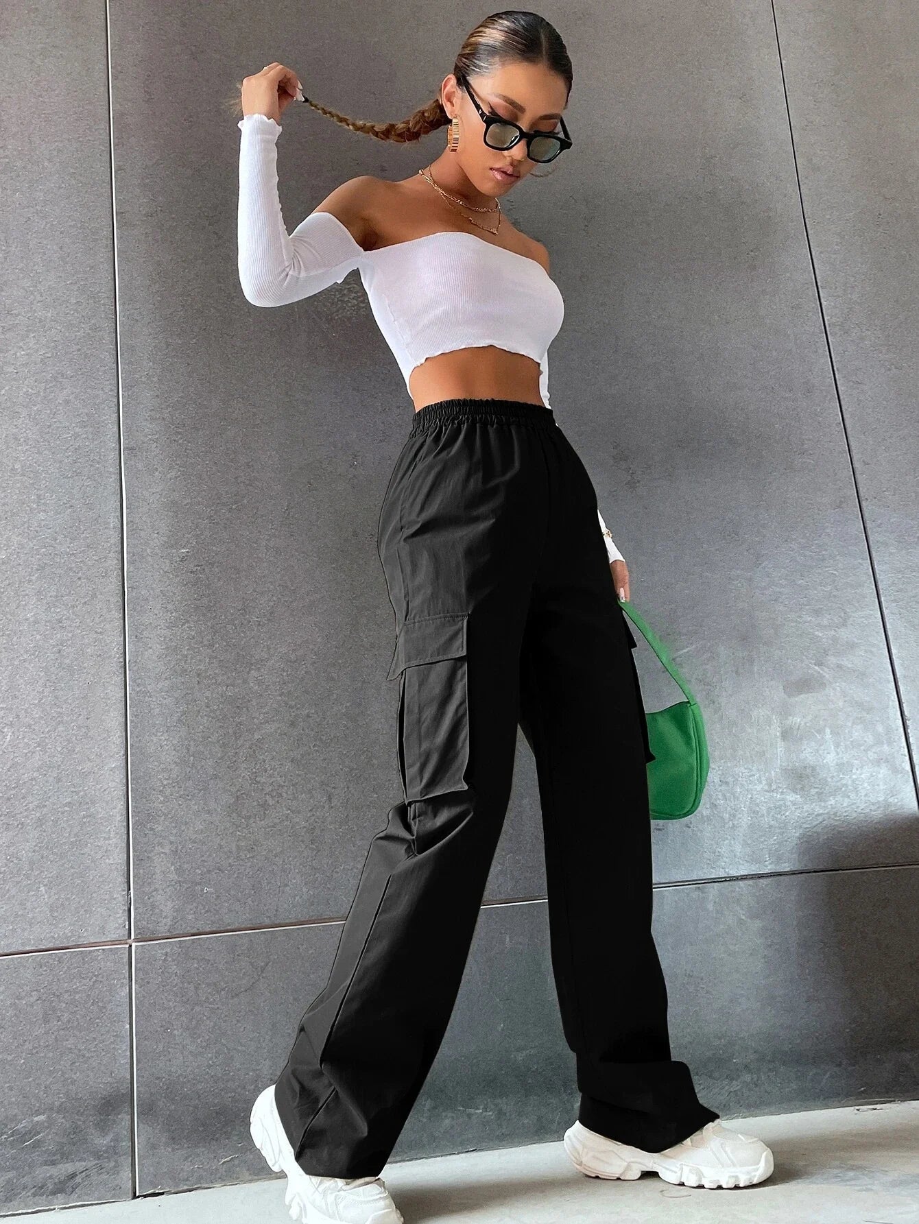 SHEIN EZwear Solid High Waist Flap Pocket Cargo Pants