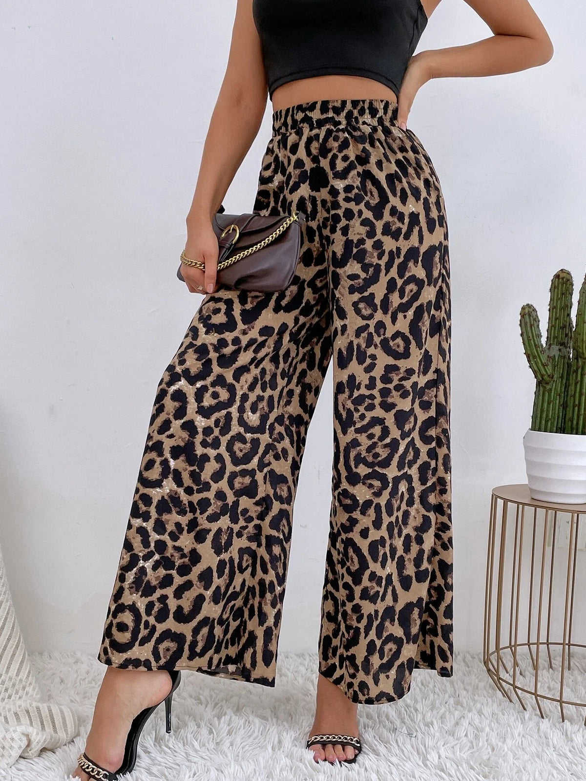 SHEIN VCAY Leopard Print Wide Leg Pants