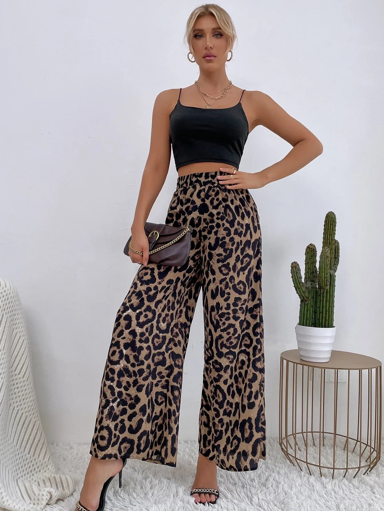 SHEIN VCAY Leopard Print Wide Leg Pants