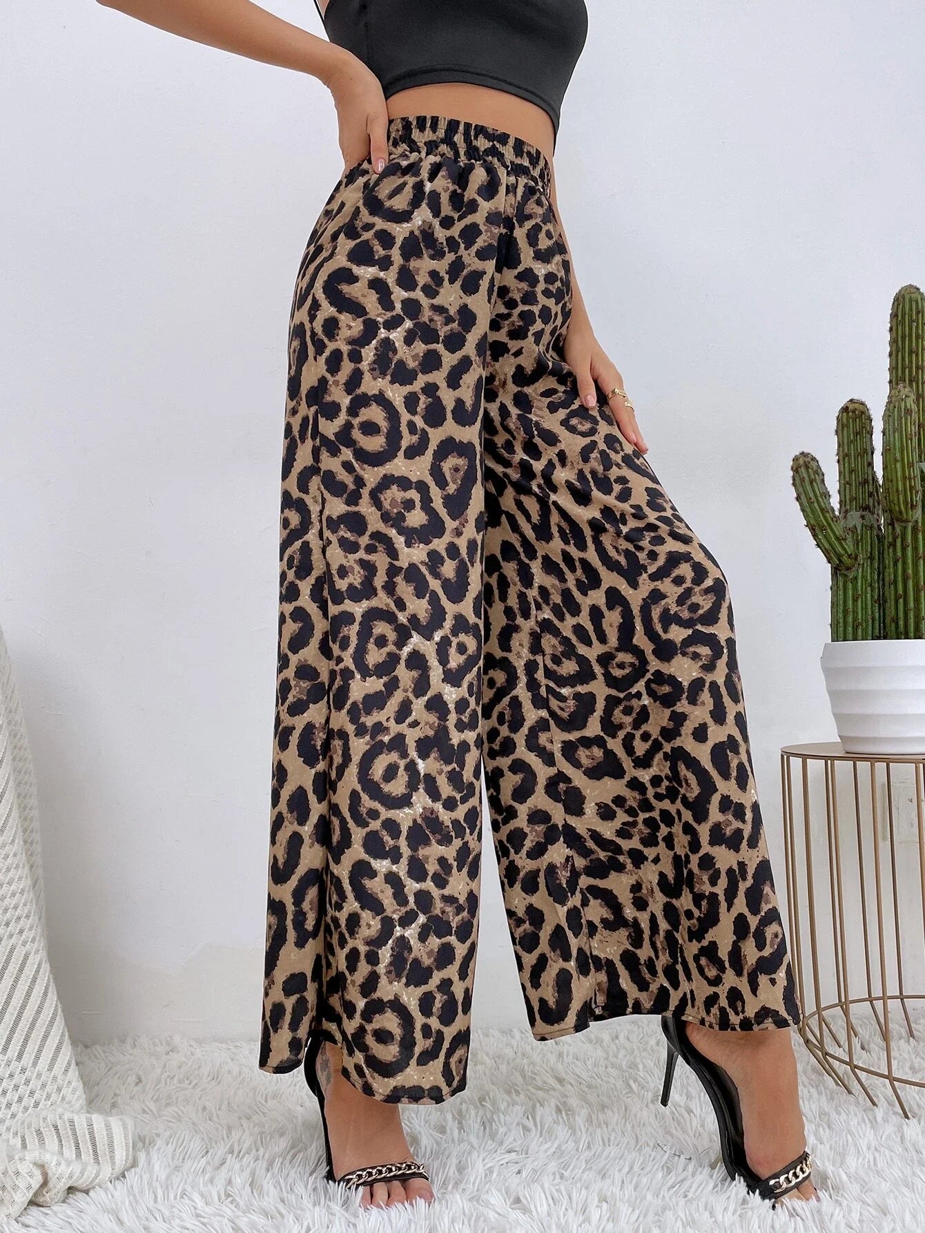 SHEIN VCAY Leopard Print Wide Leg Pants