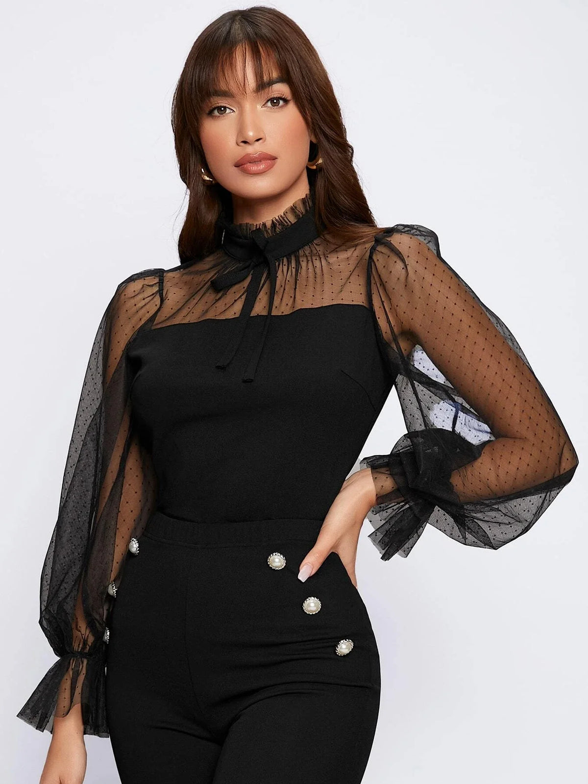 SHEIN Dobby Mesh Flounce Sleeve Blouse