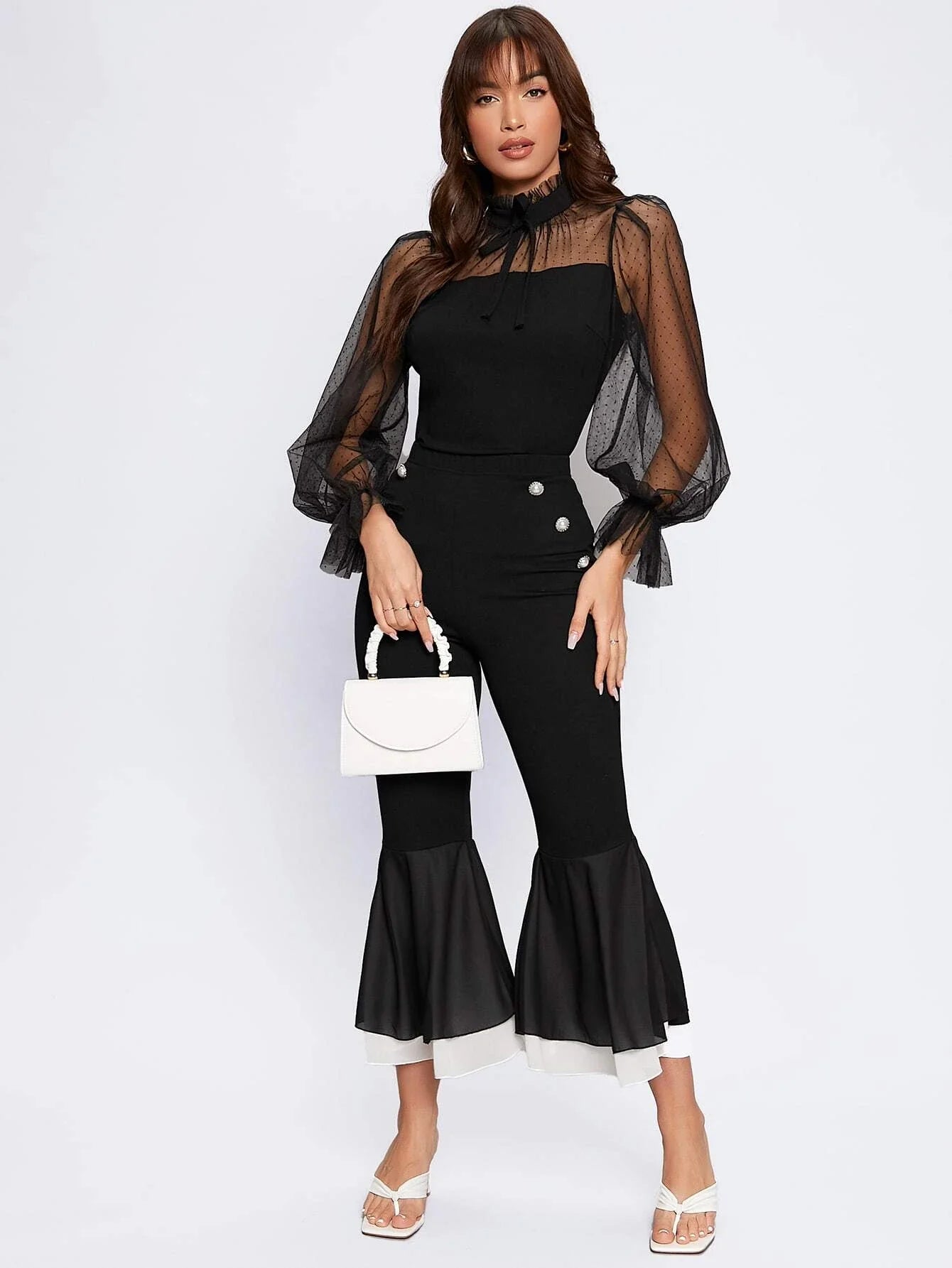 SHEIN Dobby Mesh Flounce Sleeve Blouse