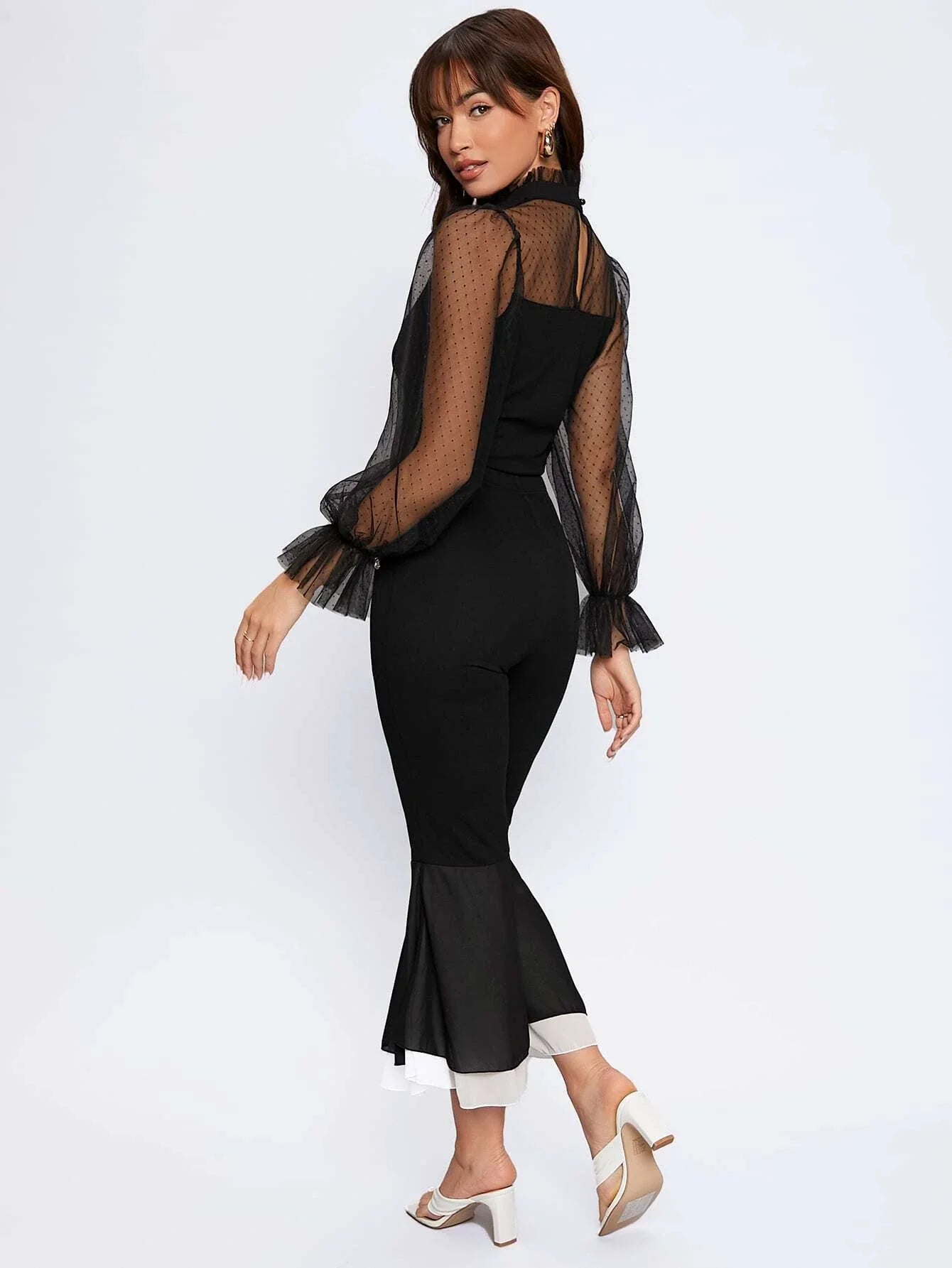 SHEIN Dobby Mesh Flounce Sleeve Blouse