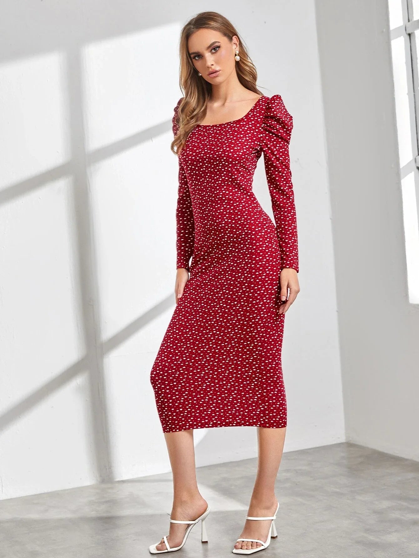 SHEIN Confetti Heart Print Gigot Sleeve Dress Without Belt