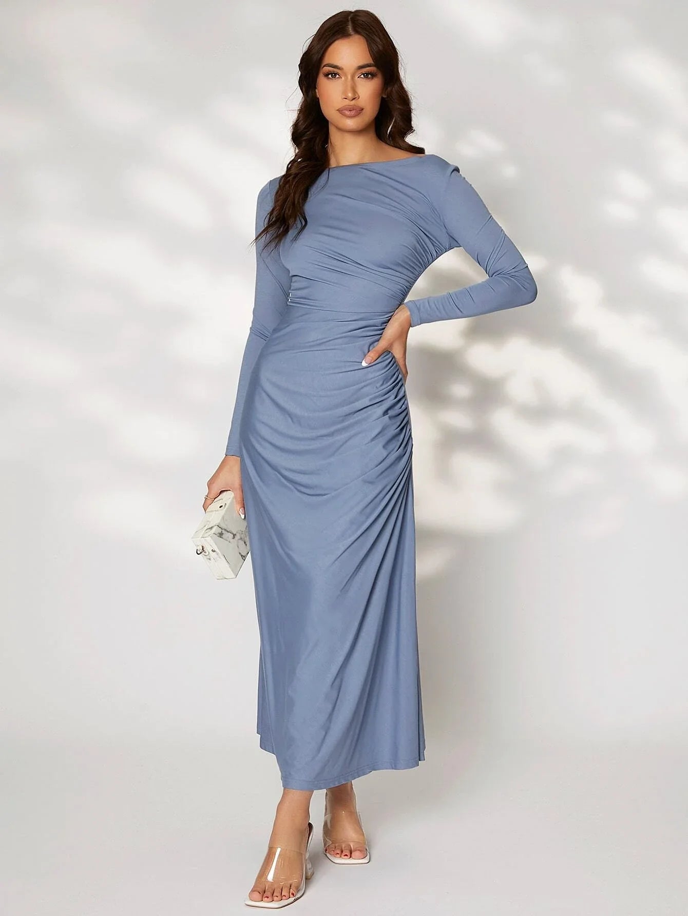 SHEIN Modely Solid Ruched Side Dress