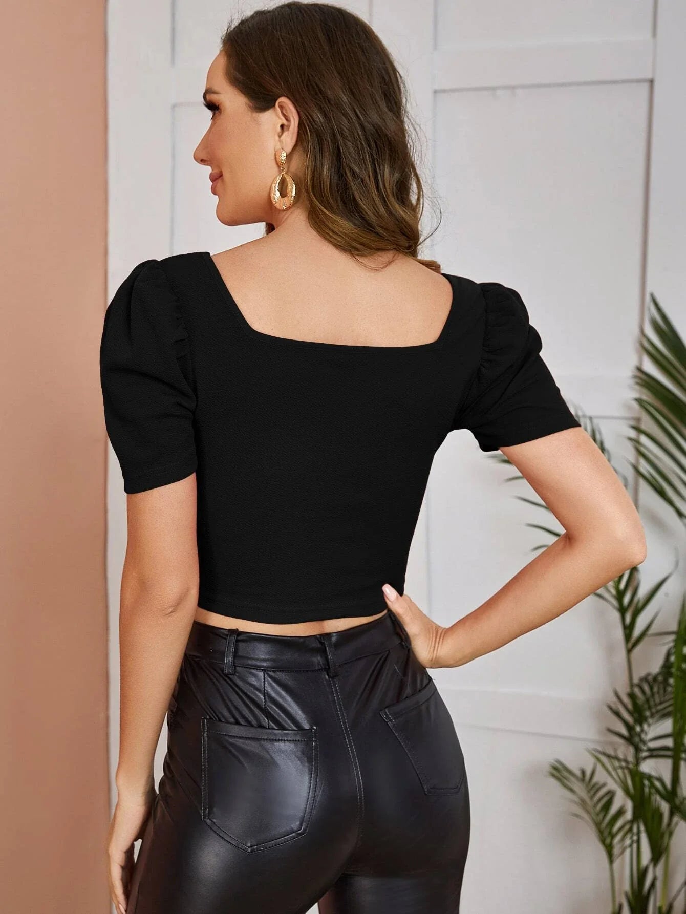 SHEIN Solid Puff Sleeve Crop Top