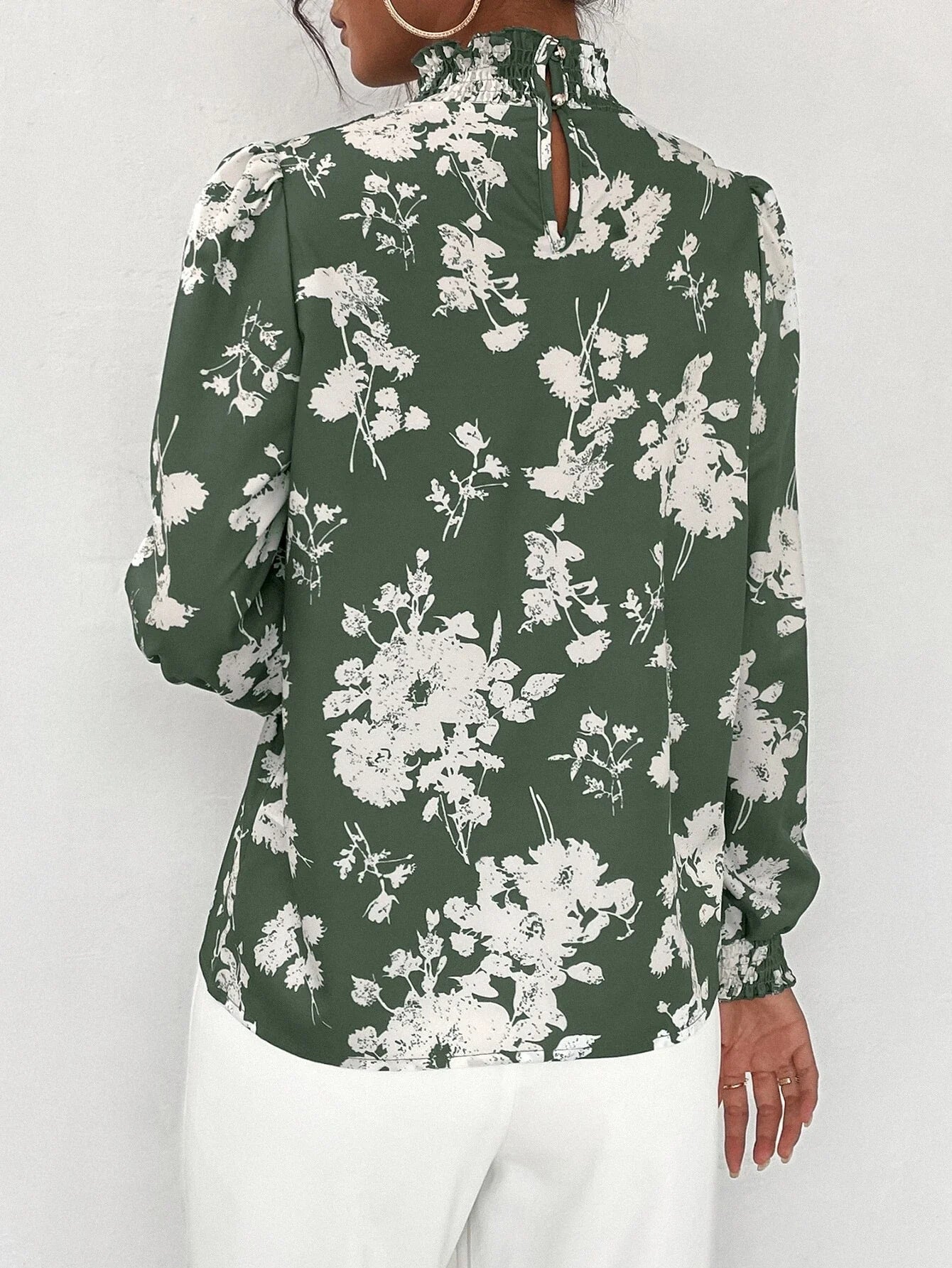 SHEIN Floral Print Stand Collar Bishop Sleeve Blouse