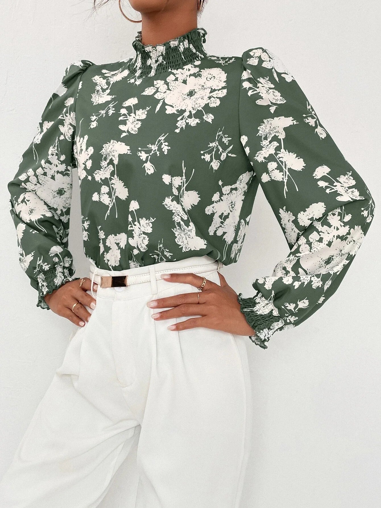 SHEIN Floral Print Stand Collar Bishop Sleeve Blouse