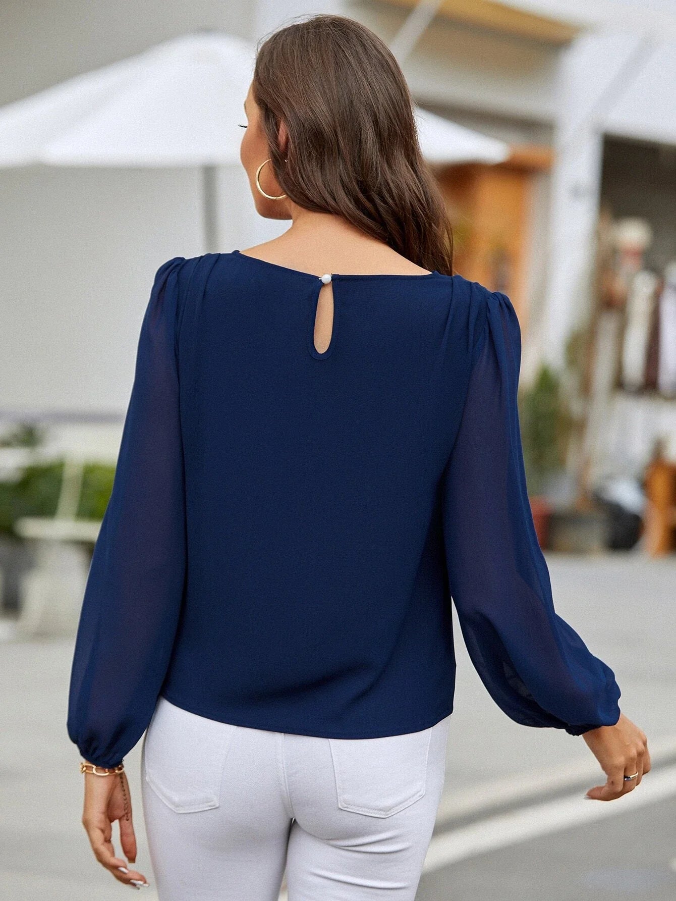 Shein Lantern Sleeve Keyhole Back Blouse