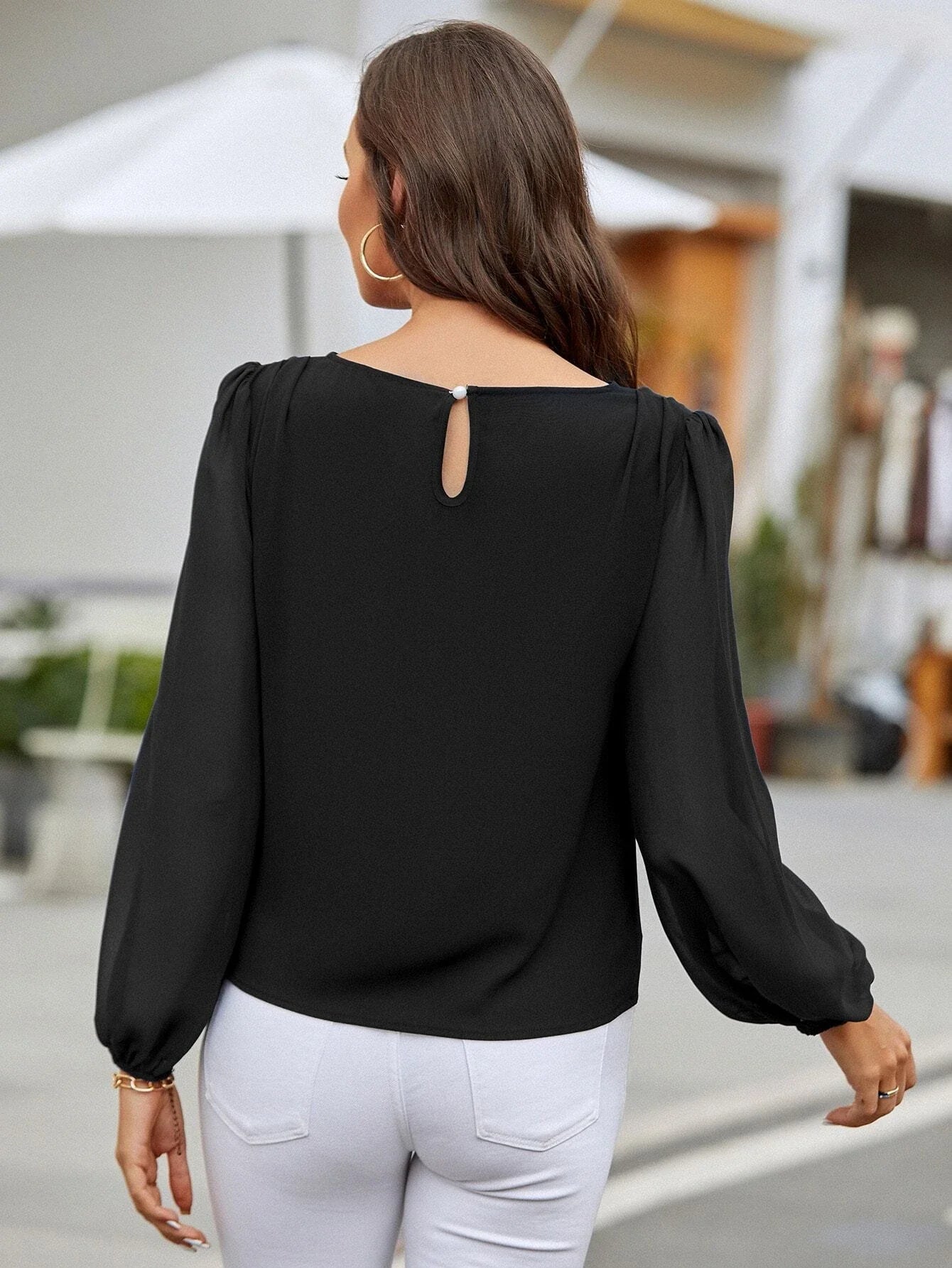 Shein Lantern Sleeve Keyhole Back Blouse