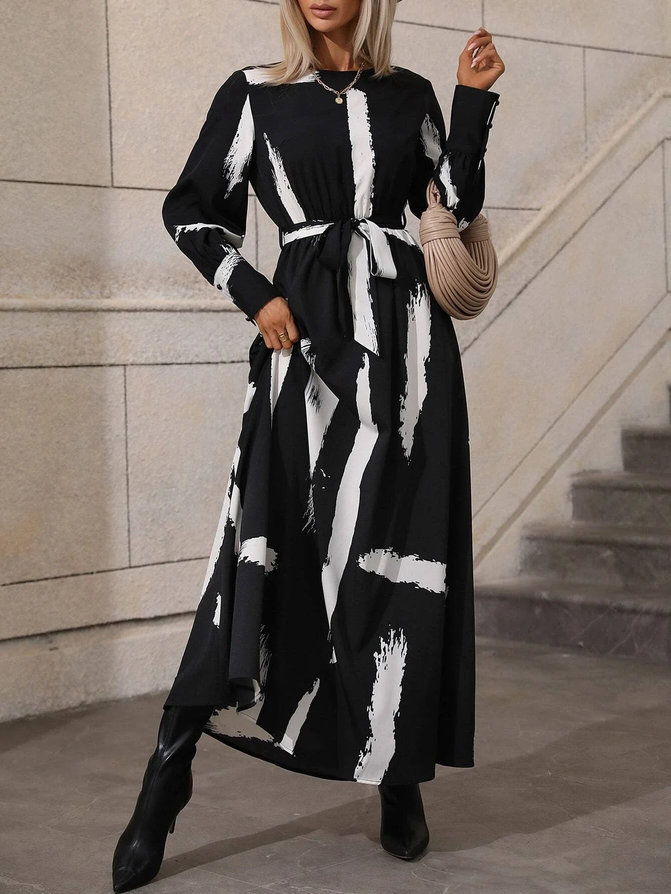 SHEIN Graphic Print Belted Maxi Dress