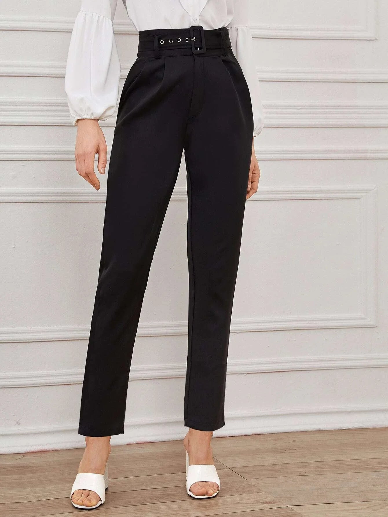  | Shein Solid Eyelet Buckle Belted Tailored Pants | Pants | Shein 