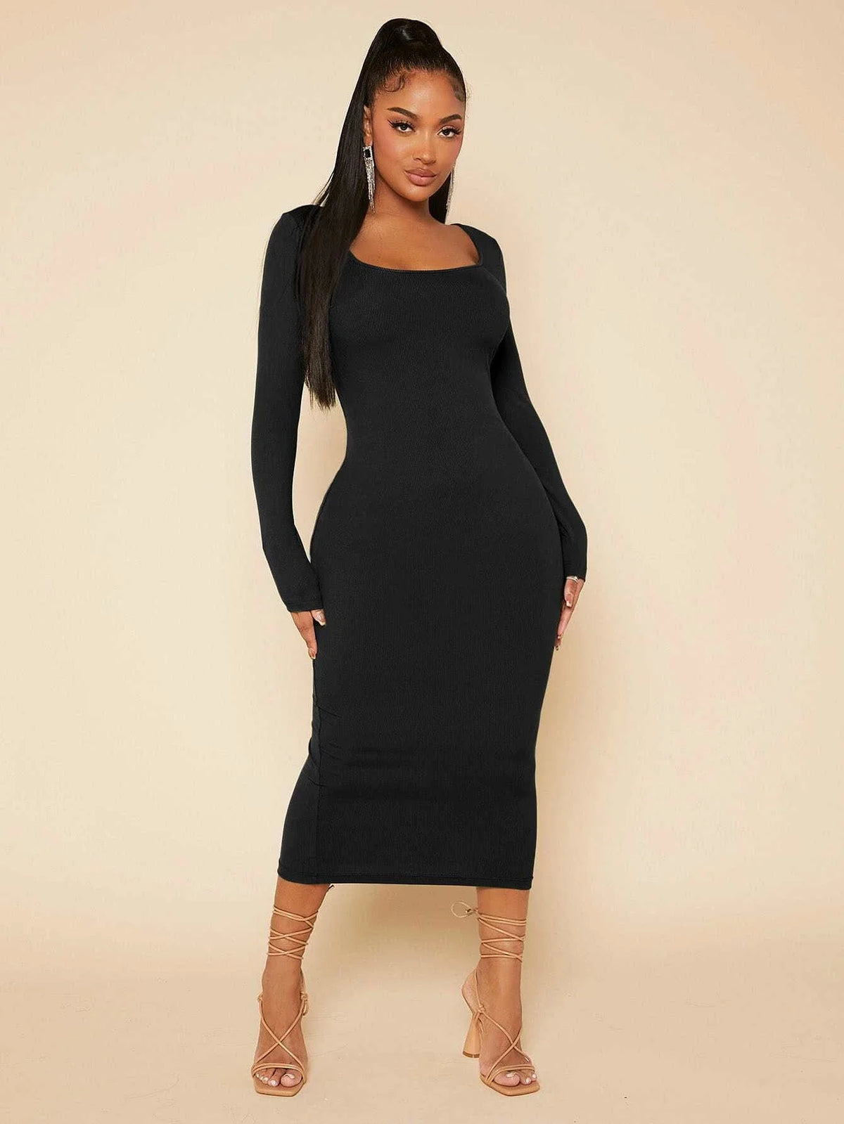 SHEIN SXY Solid Scoop Neck Bodycon Dress