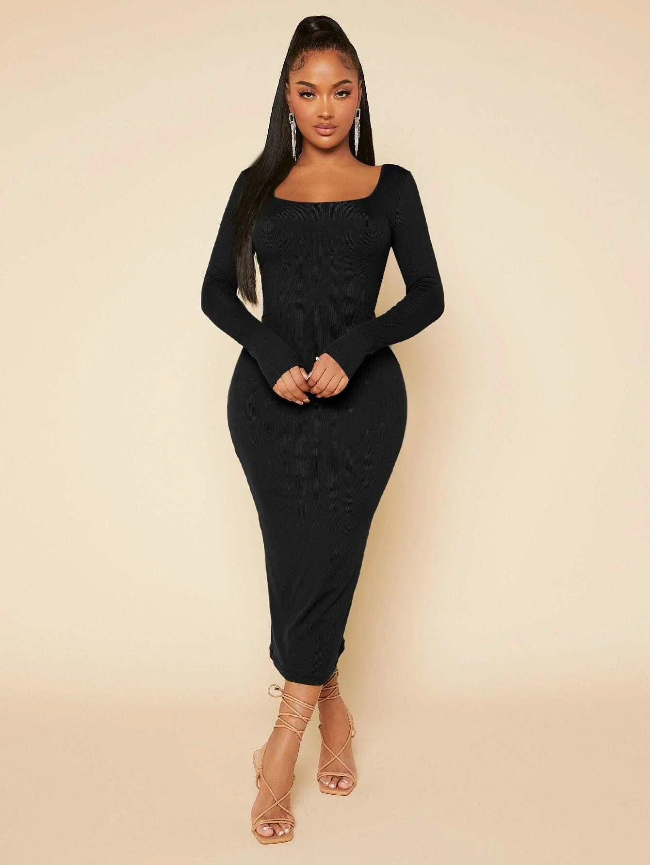 SHEIN SXY Solid Scoop Neck Bodycon Dress