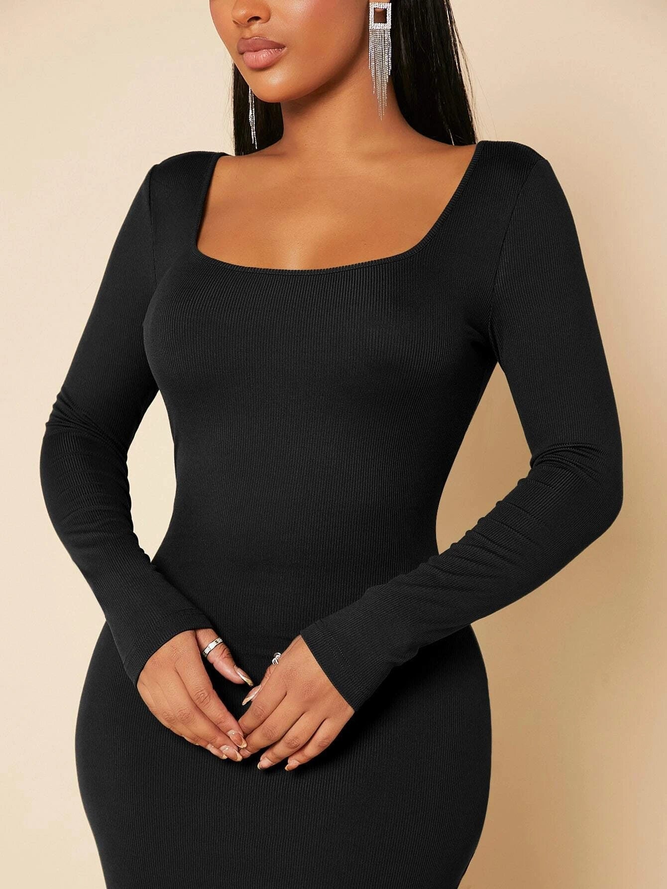 SHEIN SXY Solid Scoop Neck Bodycon Dress