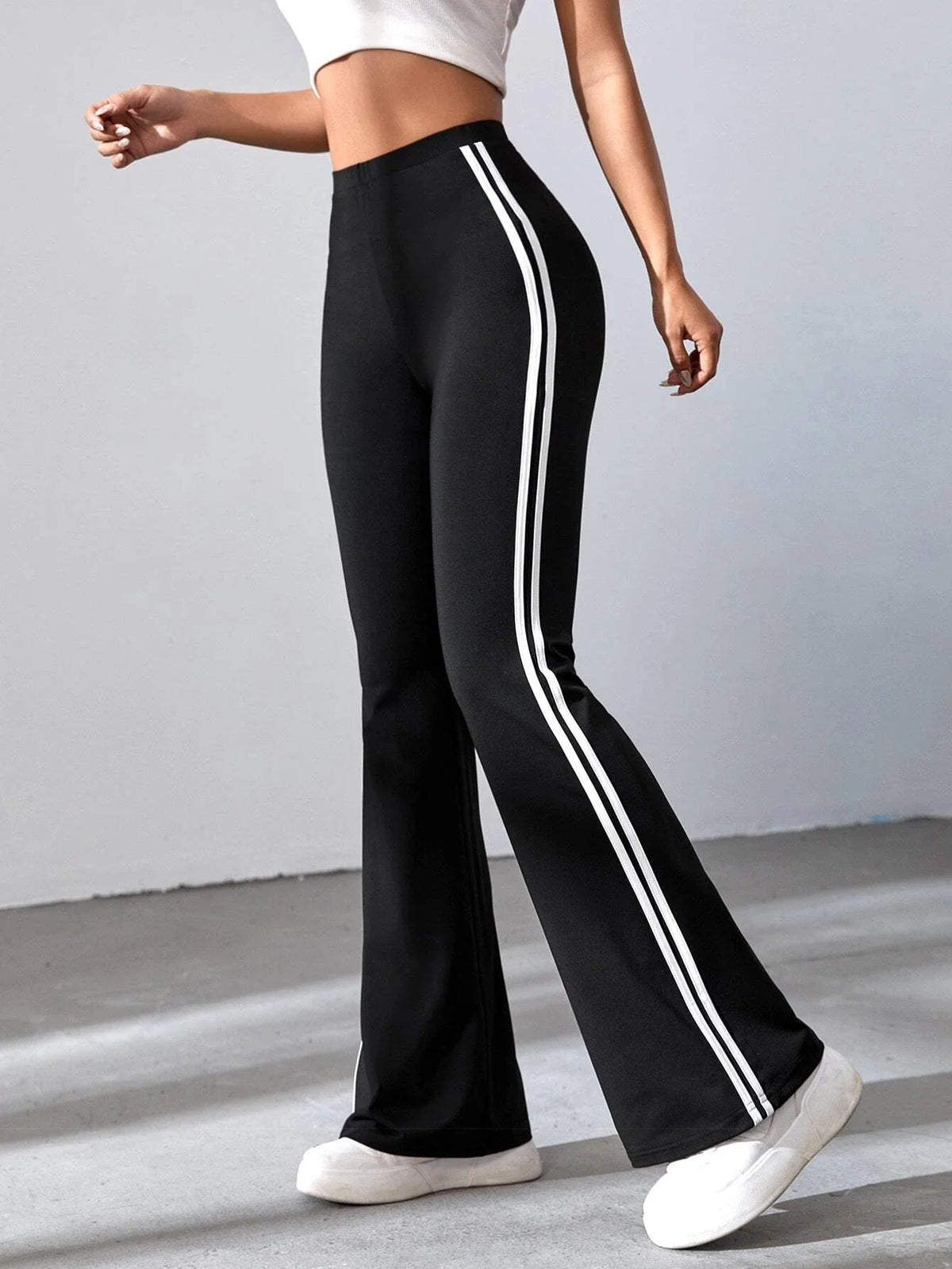  | SHEIN EZwear Striped Tape Flare Leg Pants | Pants | Shein 