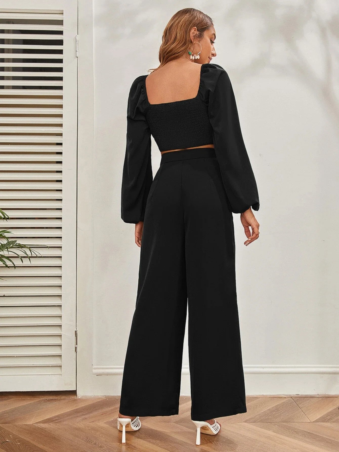 SHEIN Mulvari Lantern Sleeve Shirred Back Crop Top & Pants Set