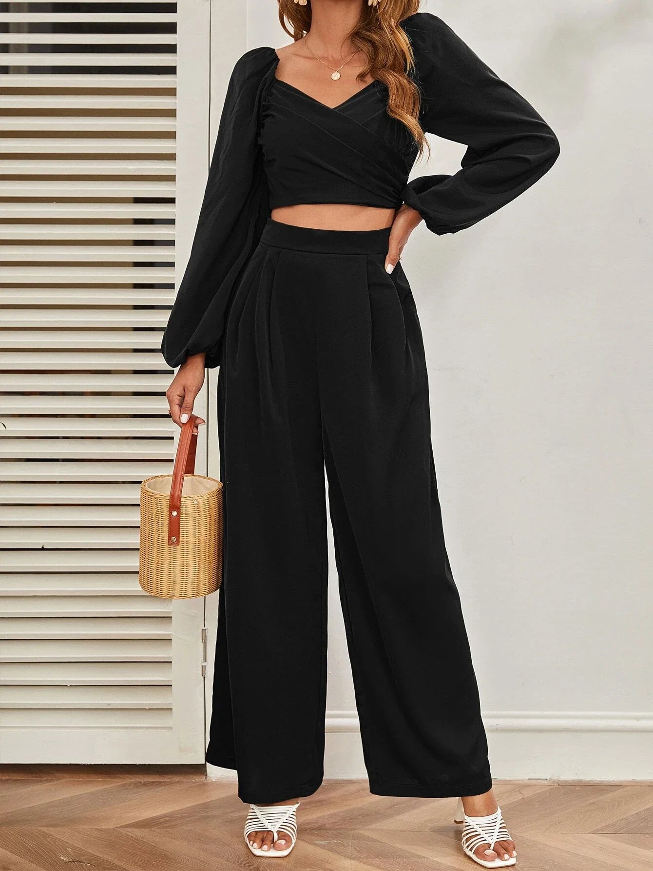 SHEIN Mulvari Lantern Sleeve Shirred Back Crop Top & Pants Set