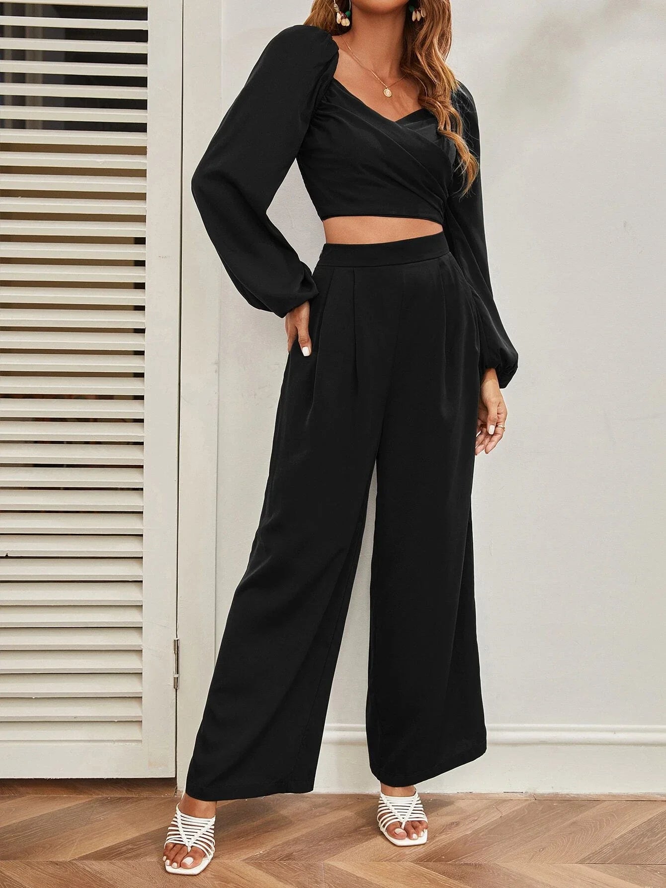 SHEIN Mulvari Lantern Sleeve Shirred Back Crop Top & Pants Set