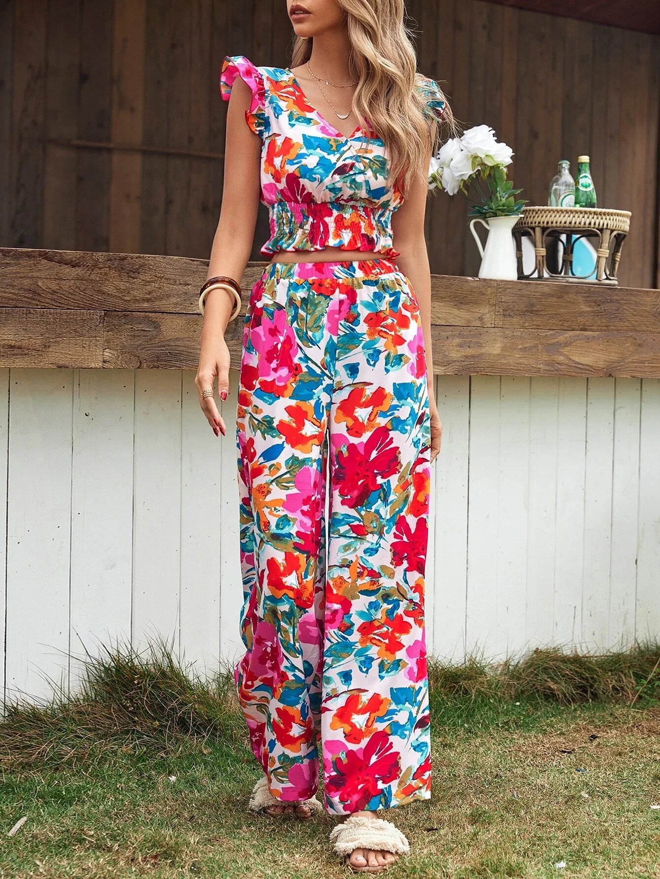 SHEIN Frenchy Floral Print Top & Wide Leg Pants