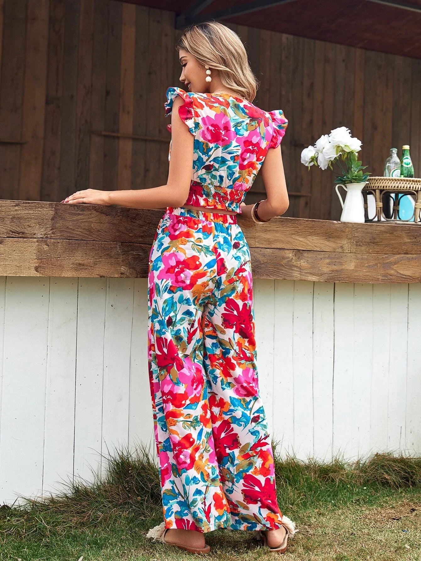 SHEIN Frenchy Floral Print Top & Wide Leg Pants