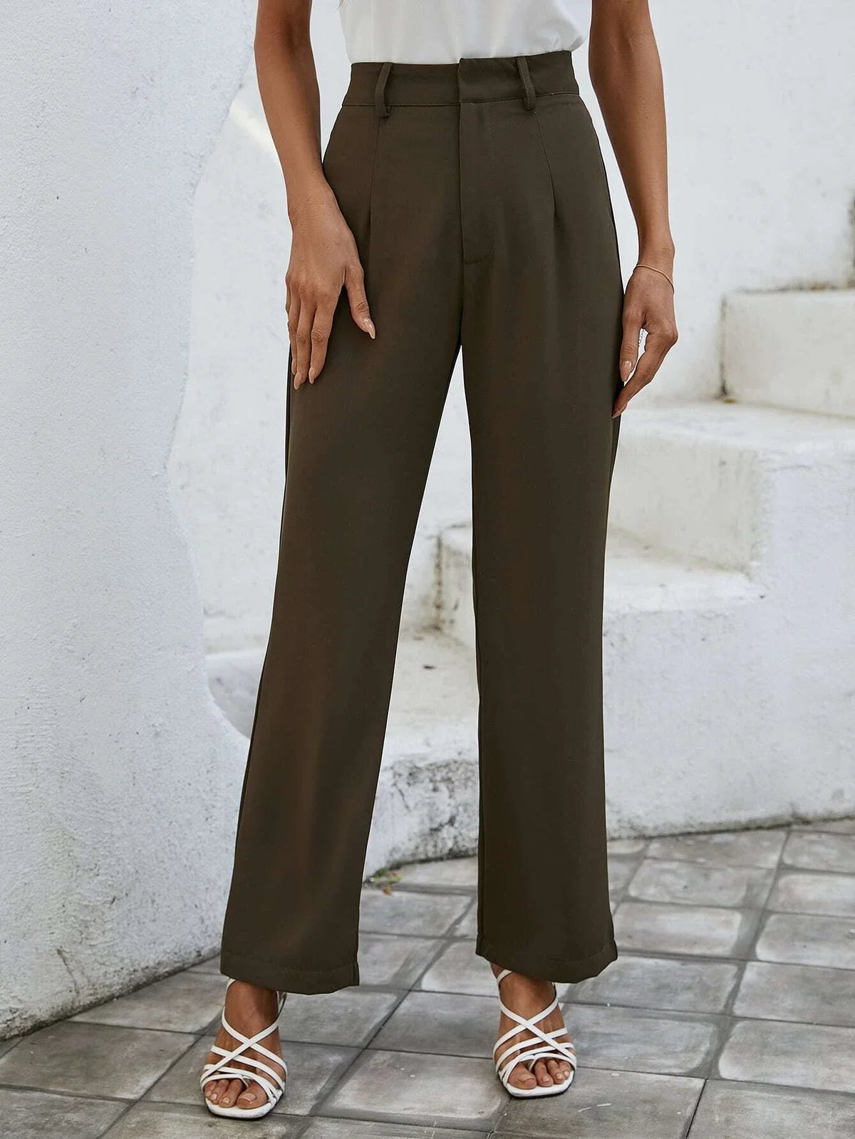 SHEIN Essnce Solid High Waist Plicated Detail Suit Pants