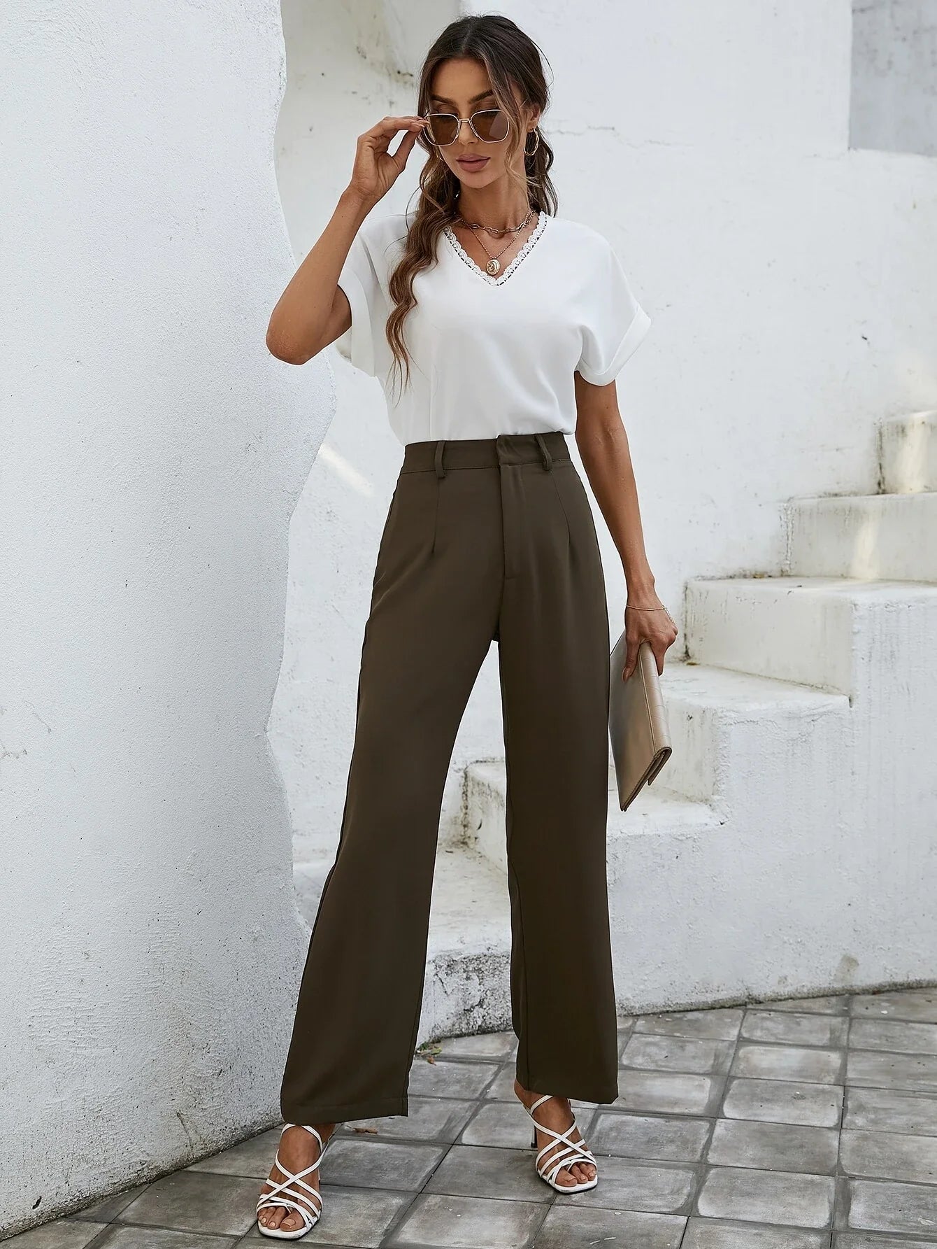 SHEIN Essnce Solid High Waist Plicated Detail Suit Pants