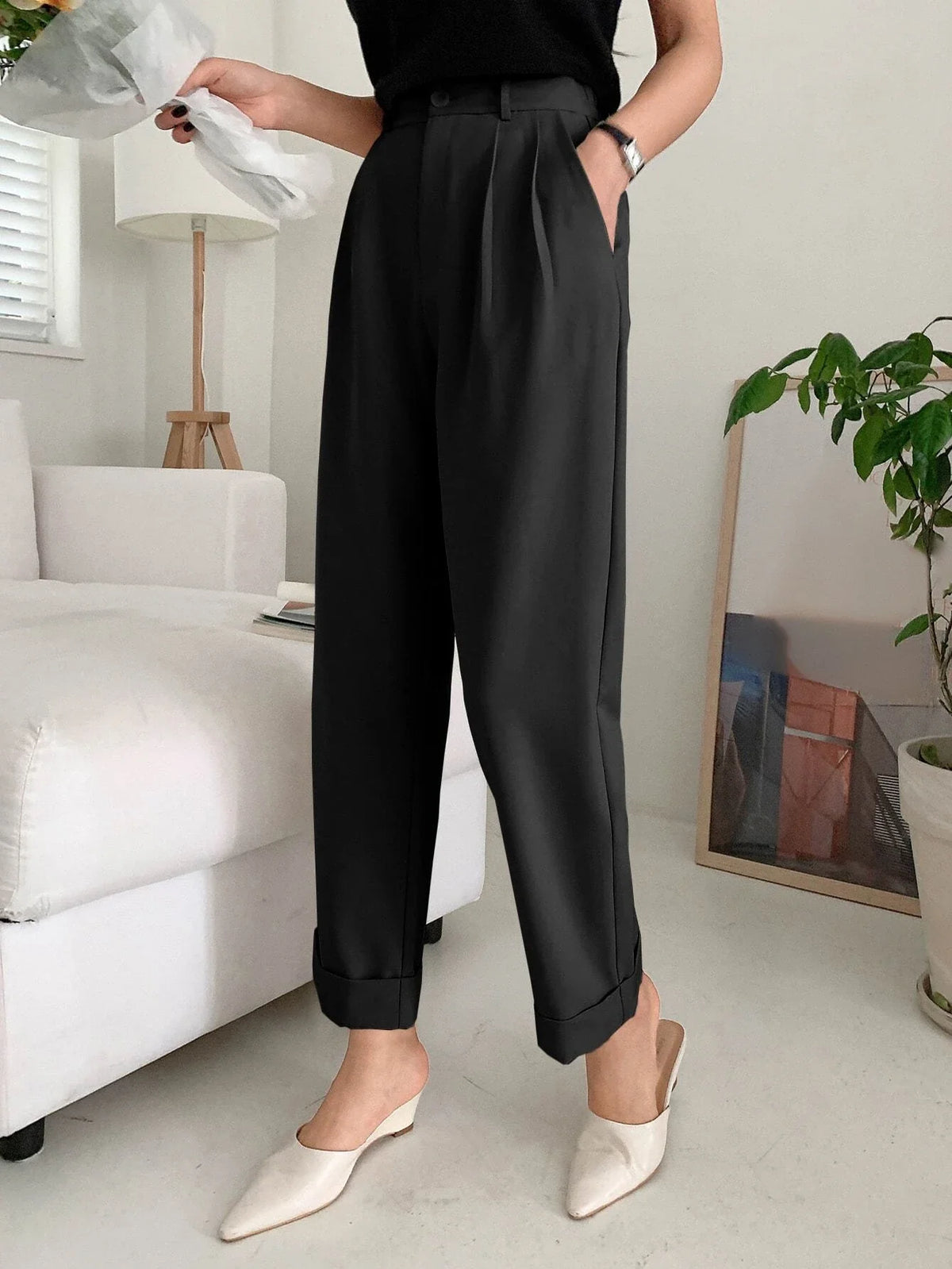 SHEIN DAZY High Waist Plicated Detail Roll Hem Pants